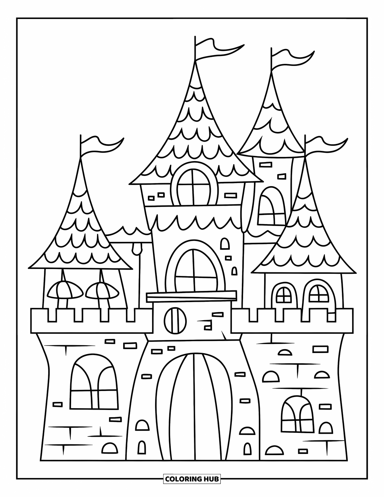 Kasteel Kleurplaat voor Kinderen: Een leuk kasteel met gebogen daken en brede deuren nodigt jonge fantasieën uit om te verkennen