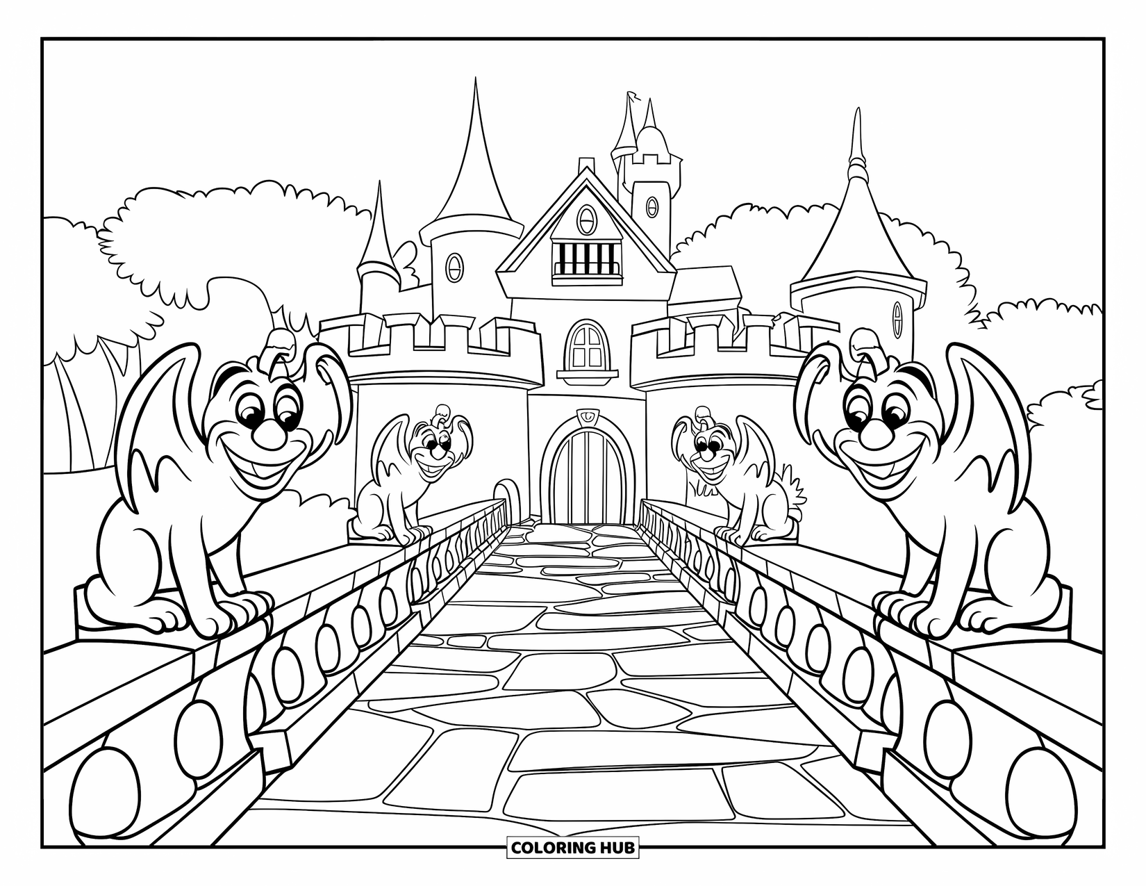 Kasteel Kleurplaat voor Kinderen: Een leuk kasteel met waterspuwers en een pad slingert door een bos