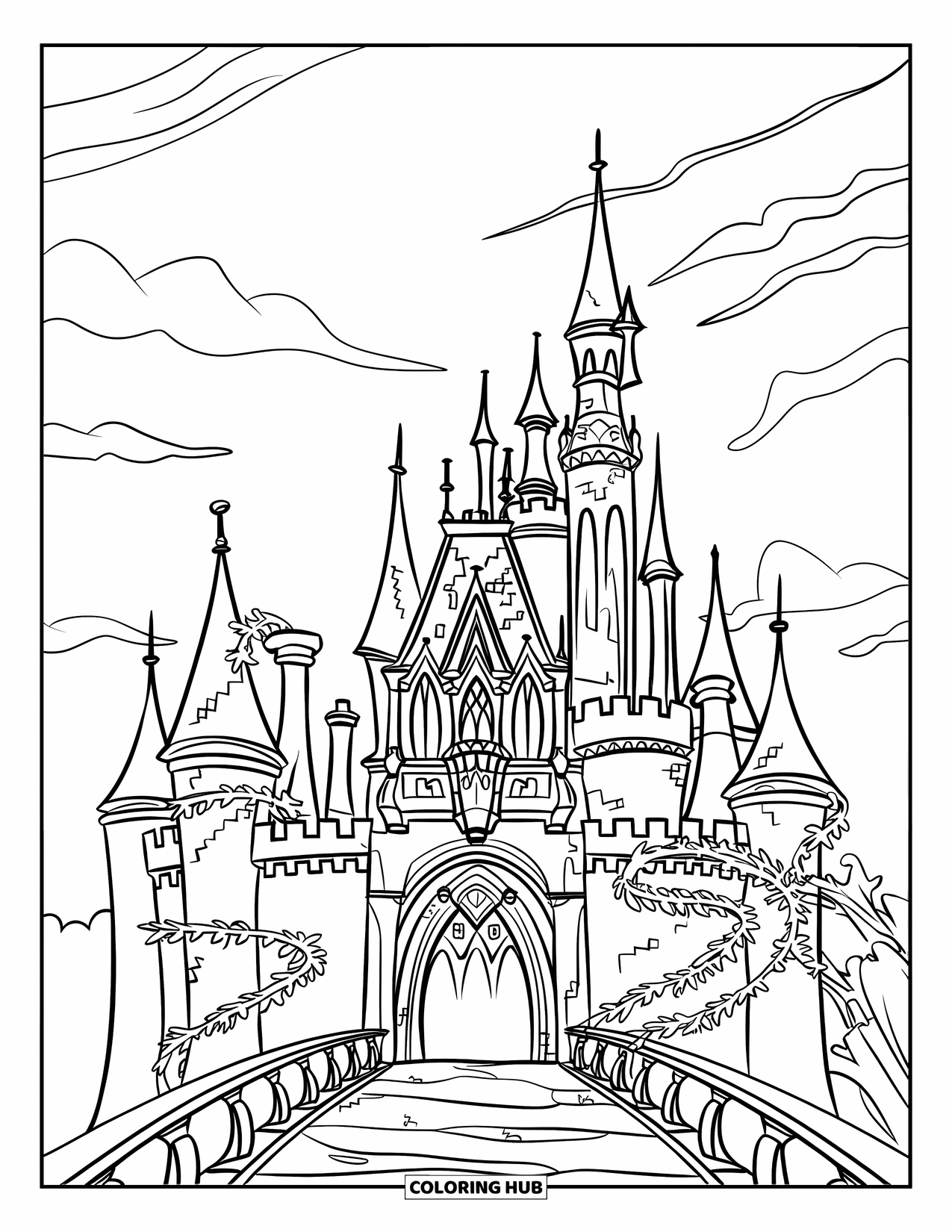 Kasteel Kleurplaat voor Kinderen: Een gotisch kasteel met hoge torenspitsen en klimop verwelkomt bezoekers over een oude brug