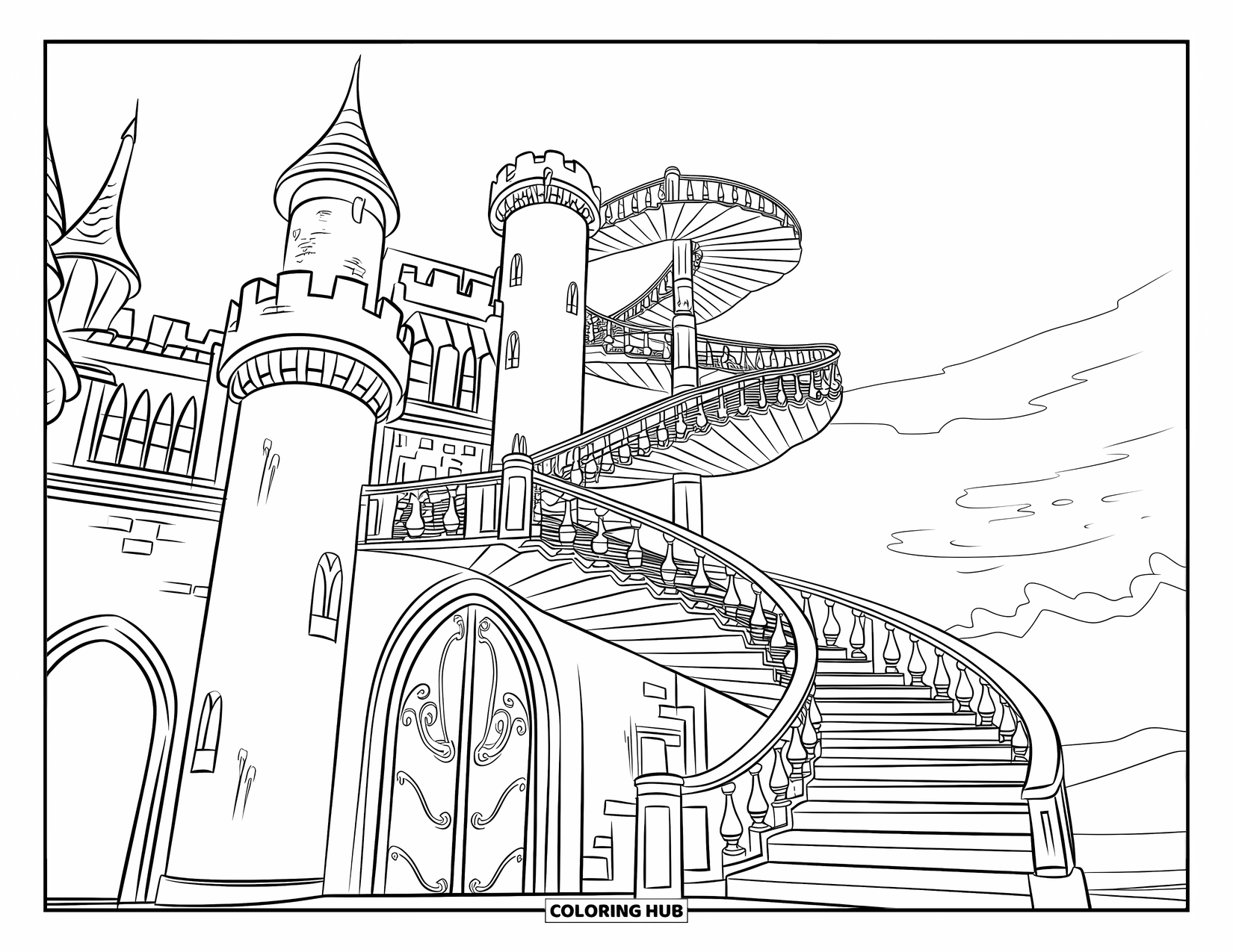 Kasteel Kleurplaat voor Kinderen: Een groots kasteel met torens en een wenteltrap reikt tot in de hemel