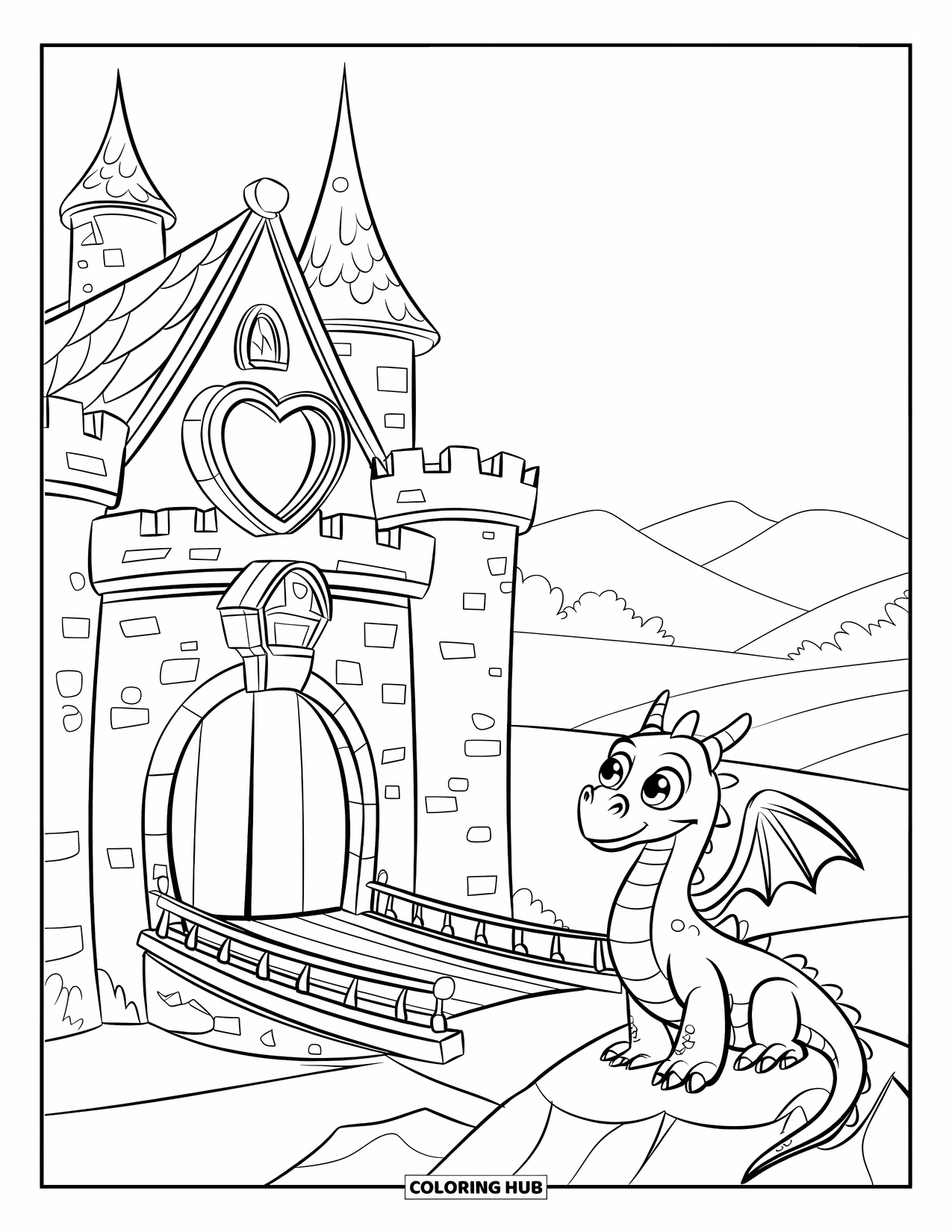 Kasteel Kleurplaat voor Kinderen: Een blije draak zit in de buurt van een kasteel met een hartjesraam en glooiende heuvels in de verte