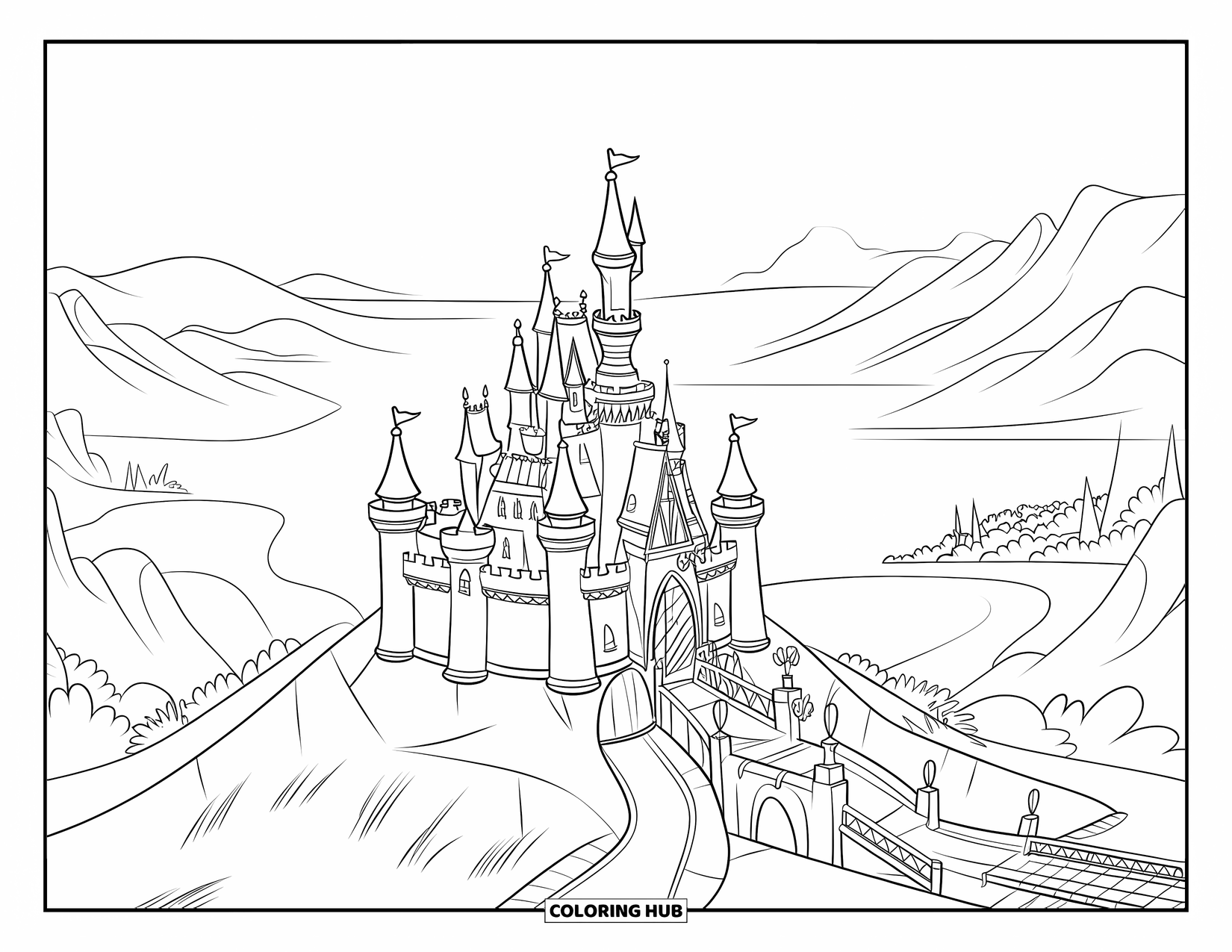 Kasteel Kleurplaat voor Kinderen: Een kasteel op een heuveltop kijkt uit over een uitgestrekt koninkrijk van bergen, bomen en kronkelende paden