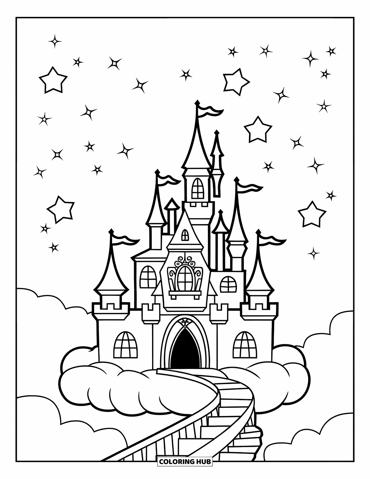Kasteel Kleurplaat voor Kinderen: Een magisch kasteel zweeft op een wolk, met trappen die leiden naar een hemel vol sterren