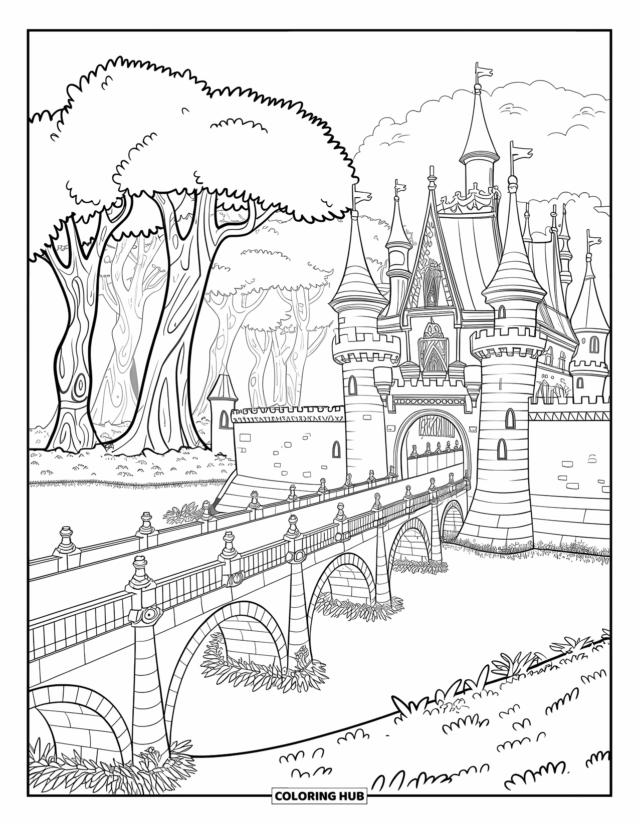 Kasteel Kleurplaat voor Kinderen: Een magisch kasteel staat aan een gracht met een bos van kronkelende bomen erachter