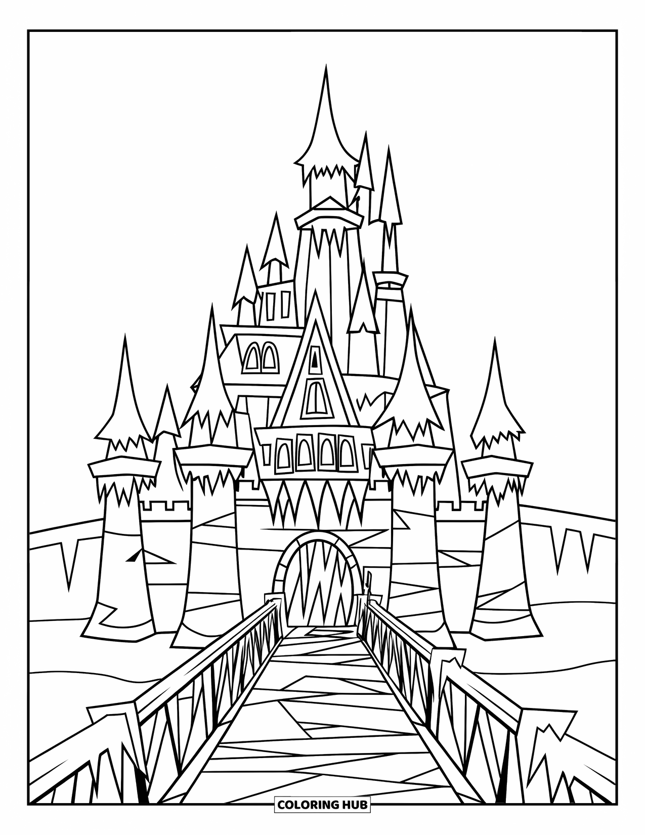 Kasteel Kleurplaat voor Kinderen: Een magisch ijskasteel staat hoog met ijzige torens en een bevroren brug