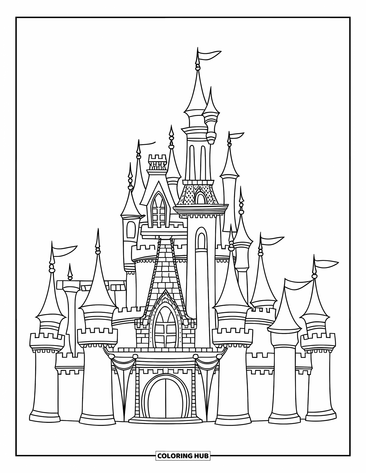 Kasteel Kleurplaat voor Kinderen: Een majestueus kasteel met grote ramen, banieren en een wenteltrap staat hoog en trots