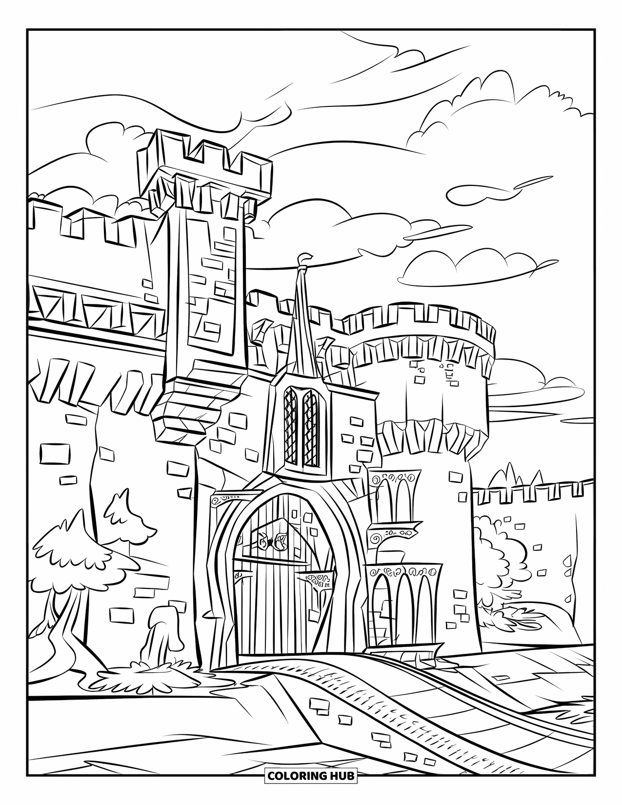 Kasteel Kleurplaat voor Kinderen: Een middeleeuws fort met torens, gravures en een verborgen pad wacht aan de overkant van een gracht