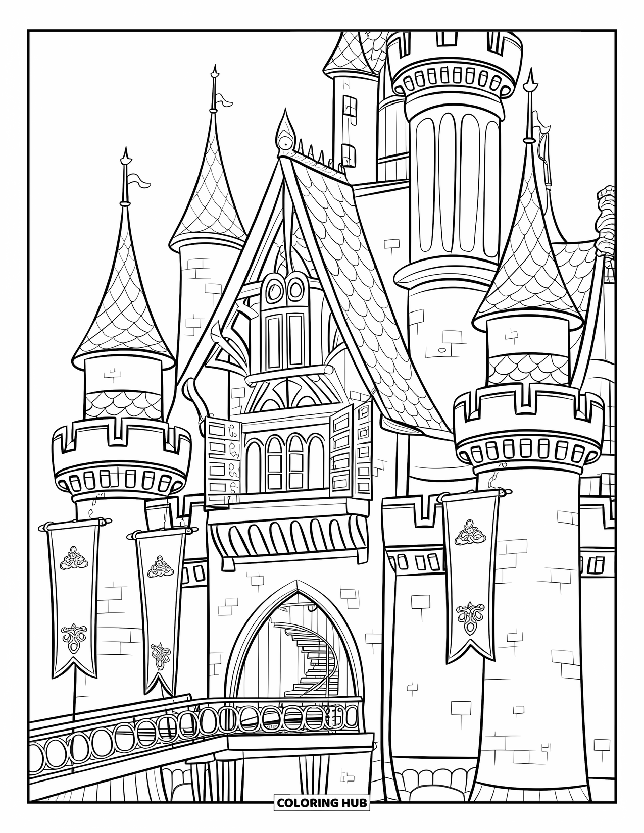 Kasteel Kleurplaat voor Kinderen: Een machtig kasteel met banieren en torens staat naast een kalme gracht en ophaalbrug