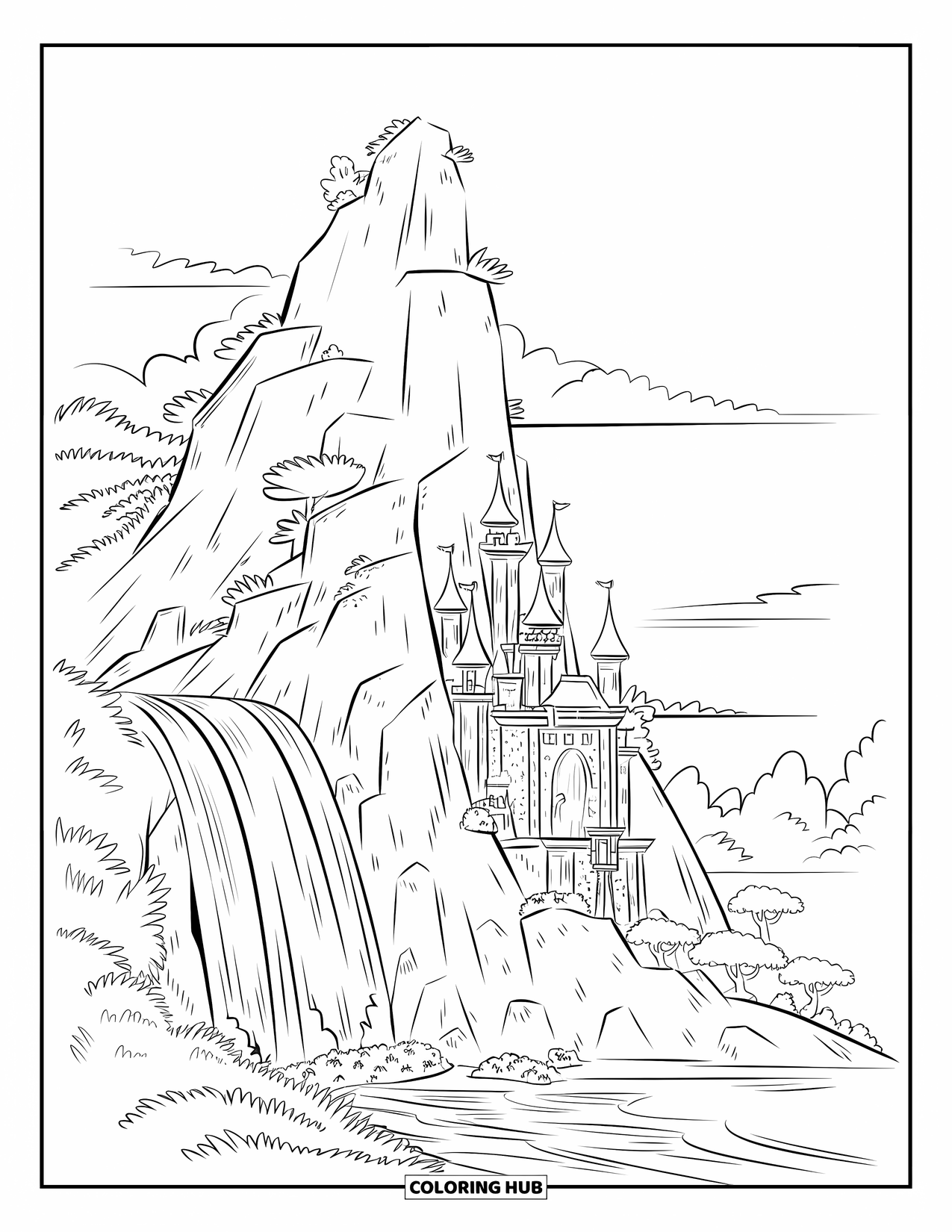 Kasteel Kleurplaat voor Kinderen: Een bergkasteel staat naast een hoge waterval en weelderig groen