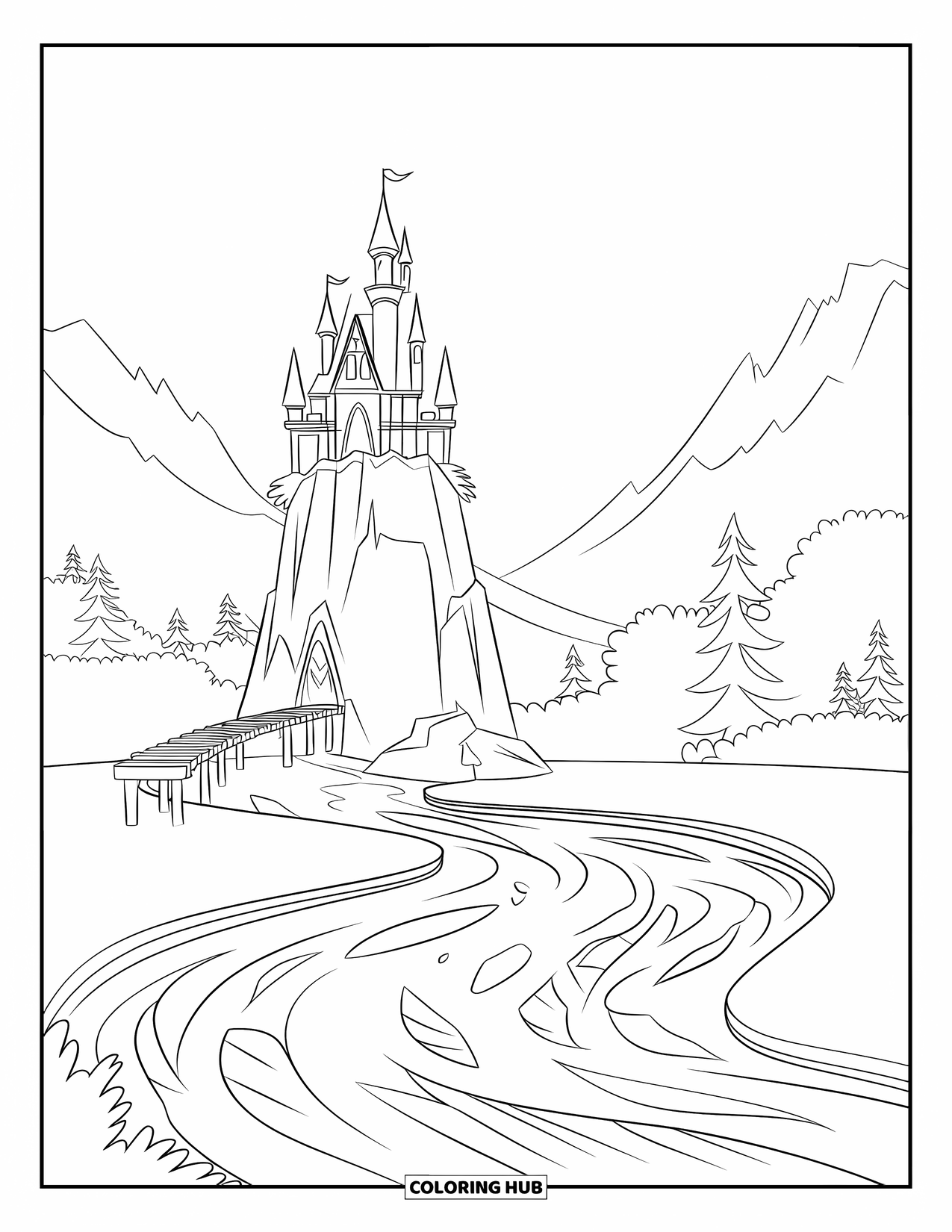 Kasteel Kleurplaat voor Kinderen: Een vredig kasteel op een rots waakt over een kolkende rivier en rustige bomen