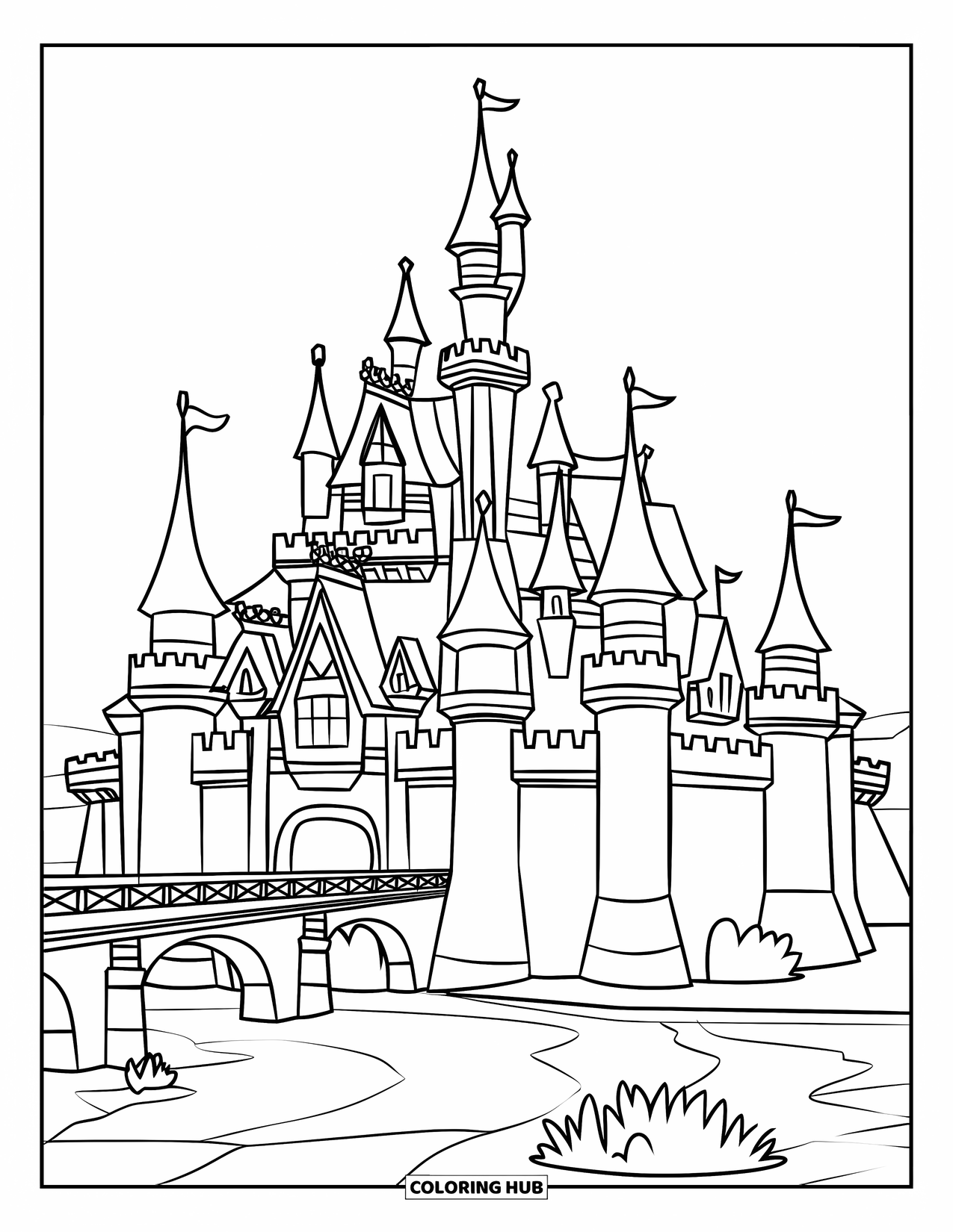 Kasteel Kleurplaat voor Kinderen: Een speels kasteel met dikke torens en een rivierbrug is perfect voor kleintjes