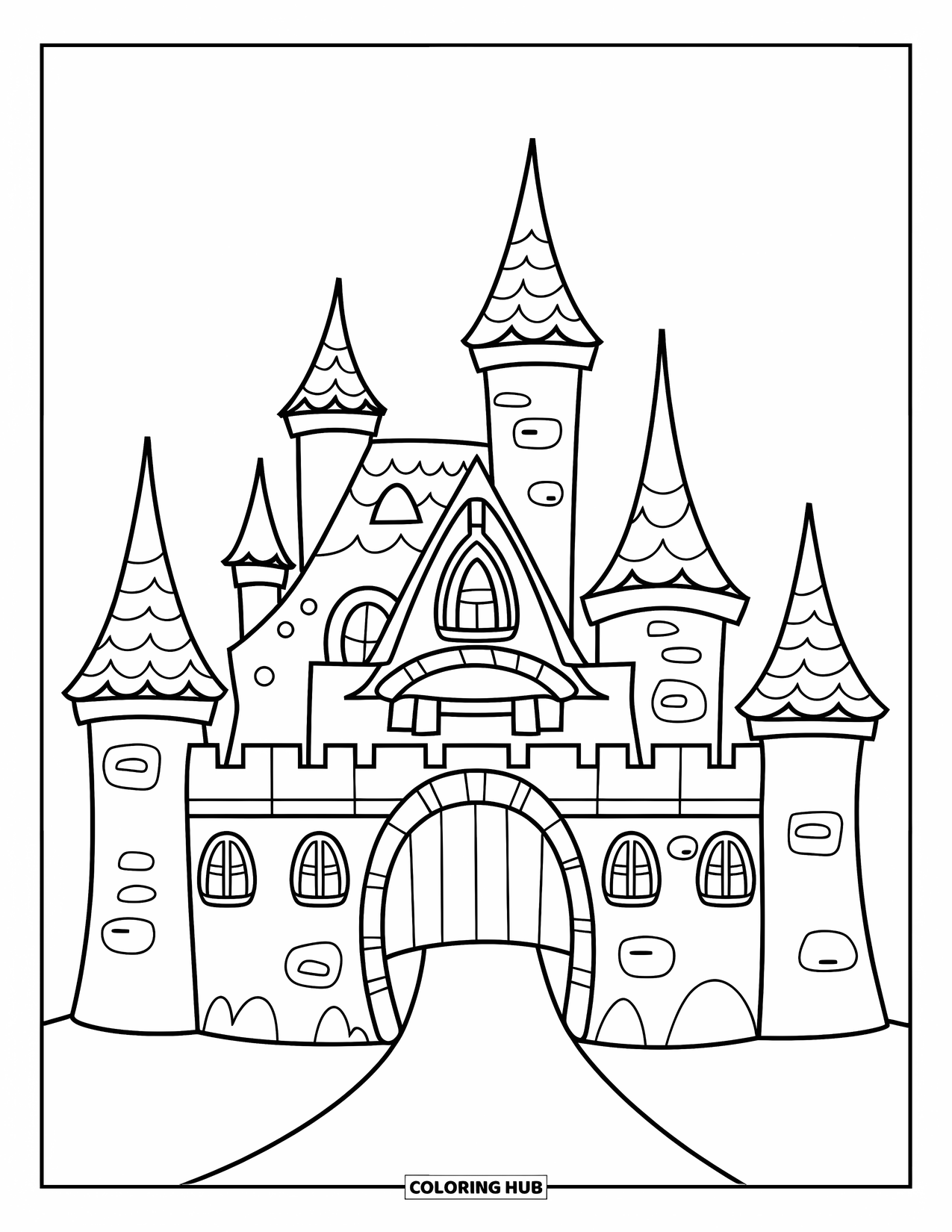 Kasteel Kleurplaat voor Kinderen: Een speels kasteel met golvende daken en een vrolijke ophaalbrug brengt vrolijke energie