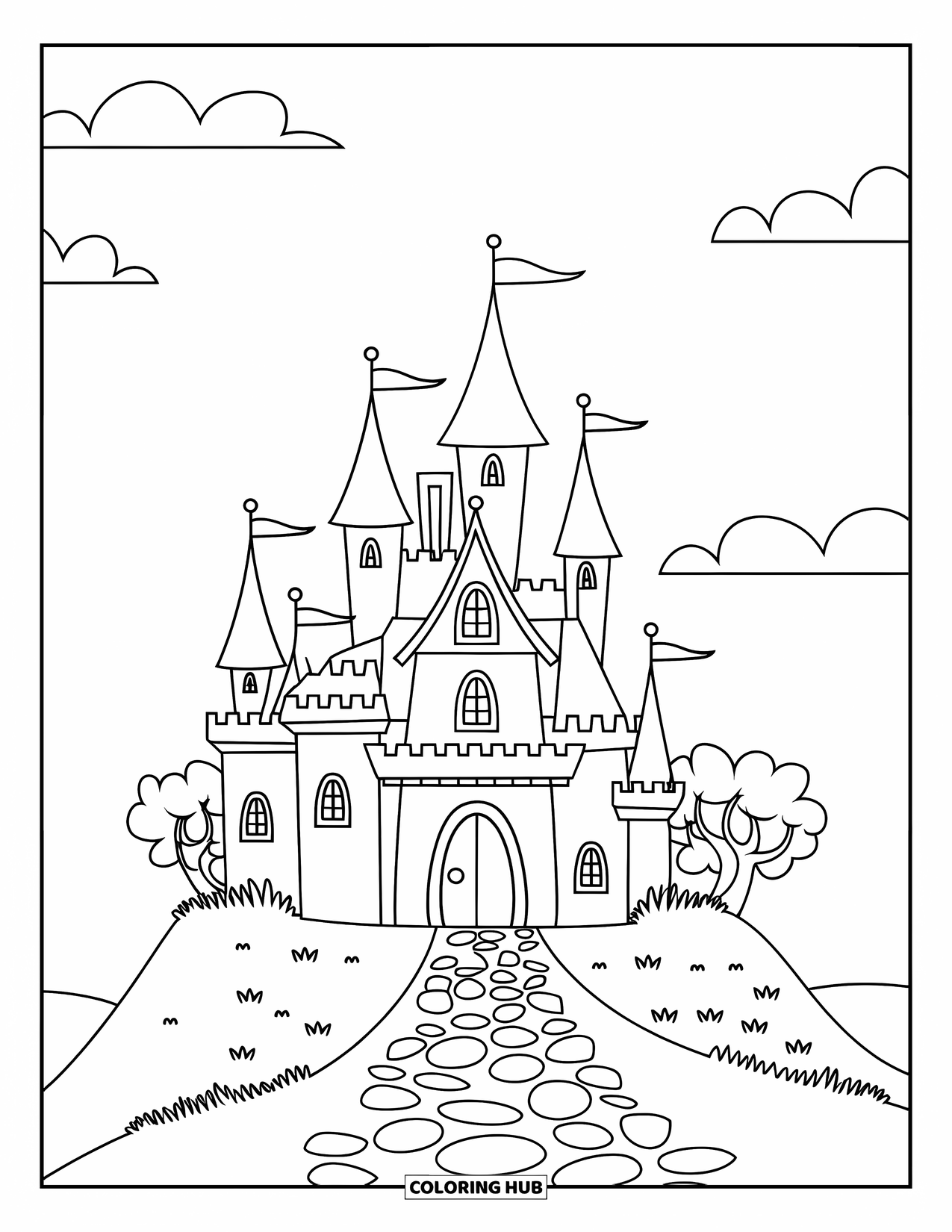 Kasteel Kleurplaat voor Kinderen: Een kasteel met puntige torens staat op een heuvel met wolken erboven en bomen eromheen