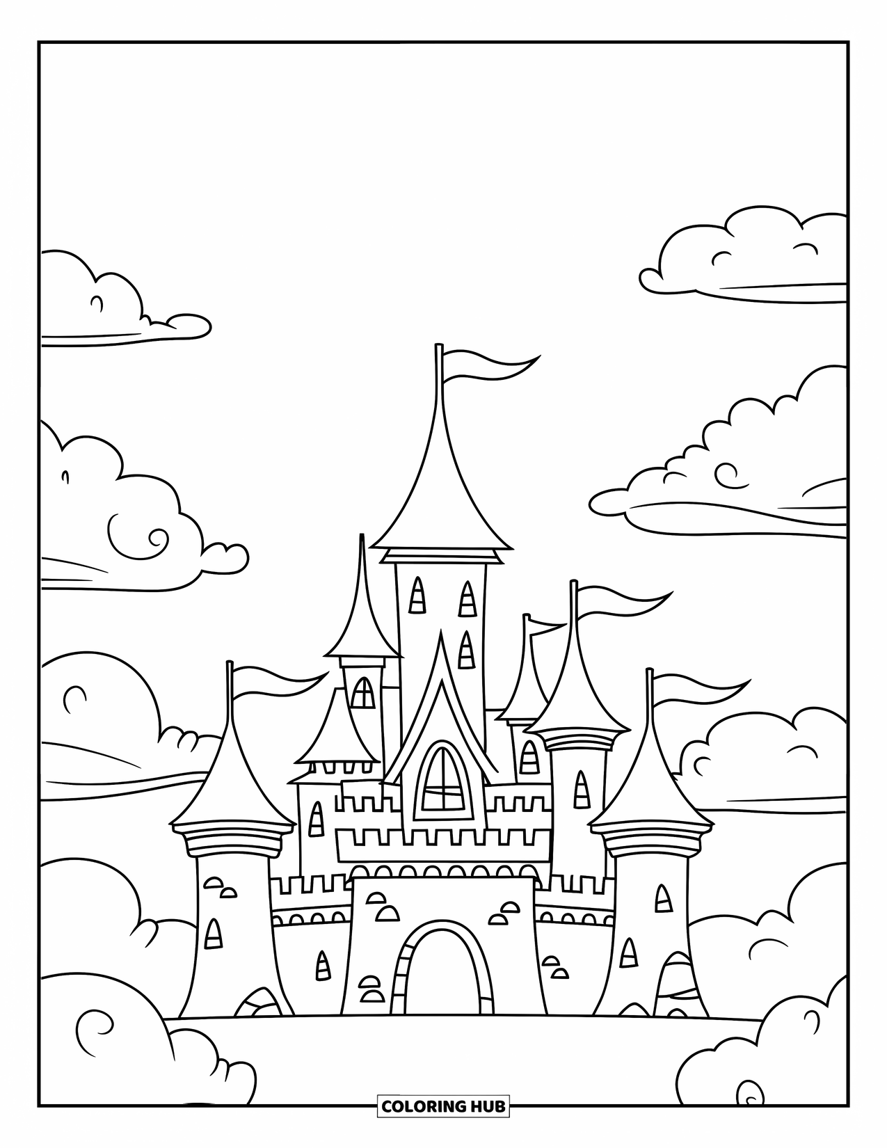 Kasteel Kleurplaat voor Kinderen: Een rond kasteel met hoge torens en vlaggen zweeft tussen zachte, donzige wolken