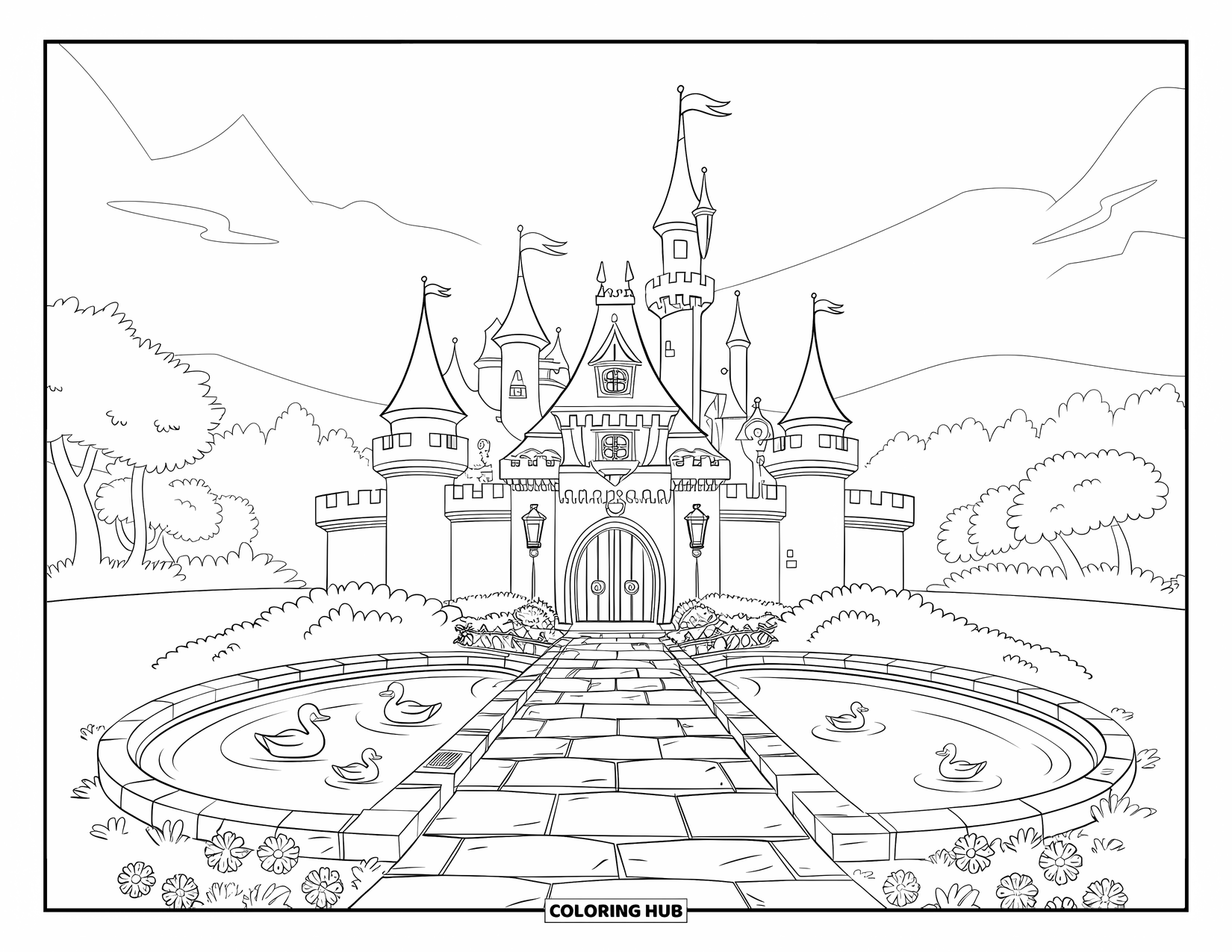 Kasteel Kleurplaat voor Kinderen: Een koninklijk kasteel met een vijver en bloemen omzoomt het pad naar de grote poort
