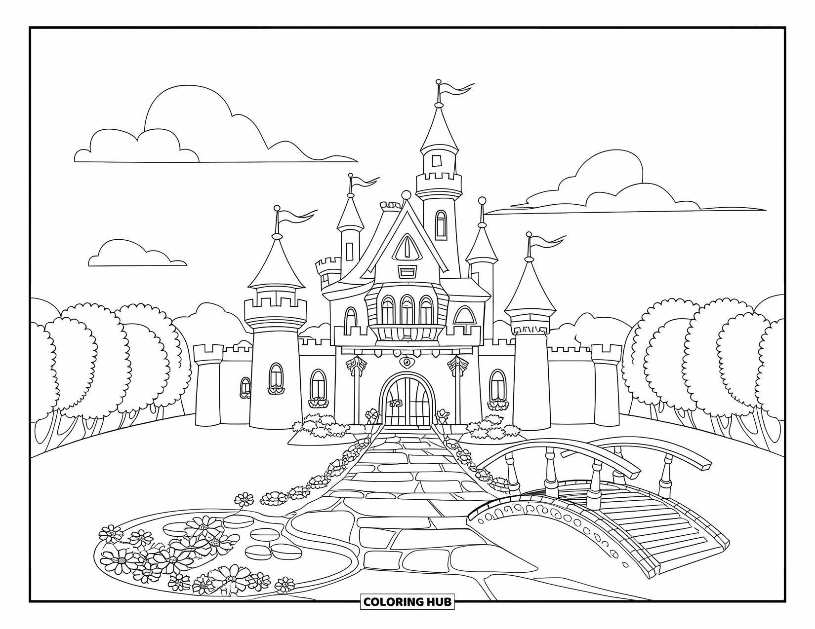 Kasteel Kleurplaat voor Kinderen: Een koninklijk kasteel met vlaggen, een vijver en een bloemenpad schittert onder een kalme hemel