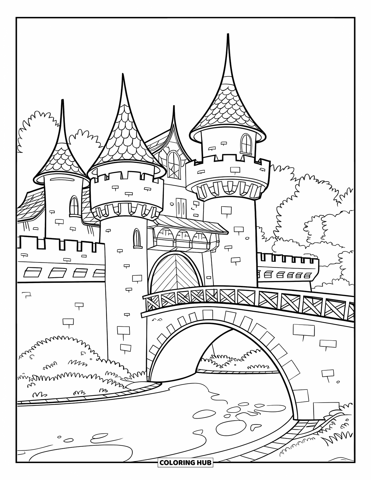 Kasteel Kleurplaat voor Kinderen: Een eenvoudig kasteel met grote torens en een rustige rivier verwelkomt de fantasie van kleuters