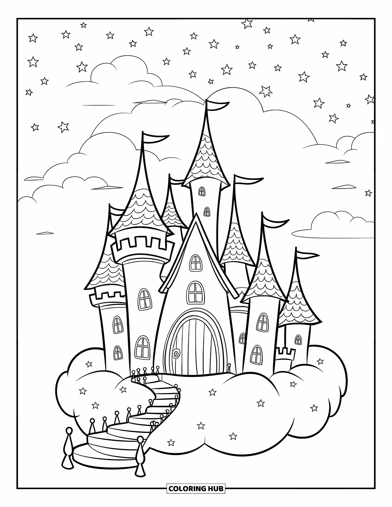 Kasteel Kleurplaat voor Kinderen: Een luchtkasteel met puntige torens staat op een wolk omringd door sterren