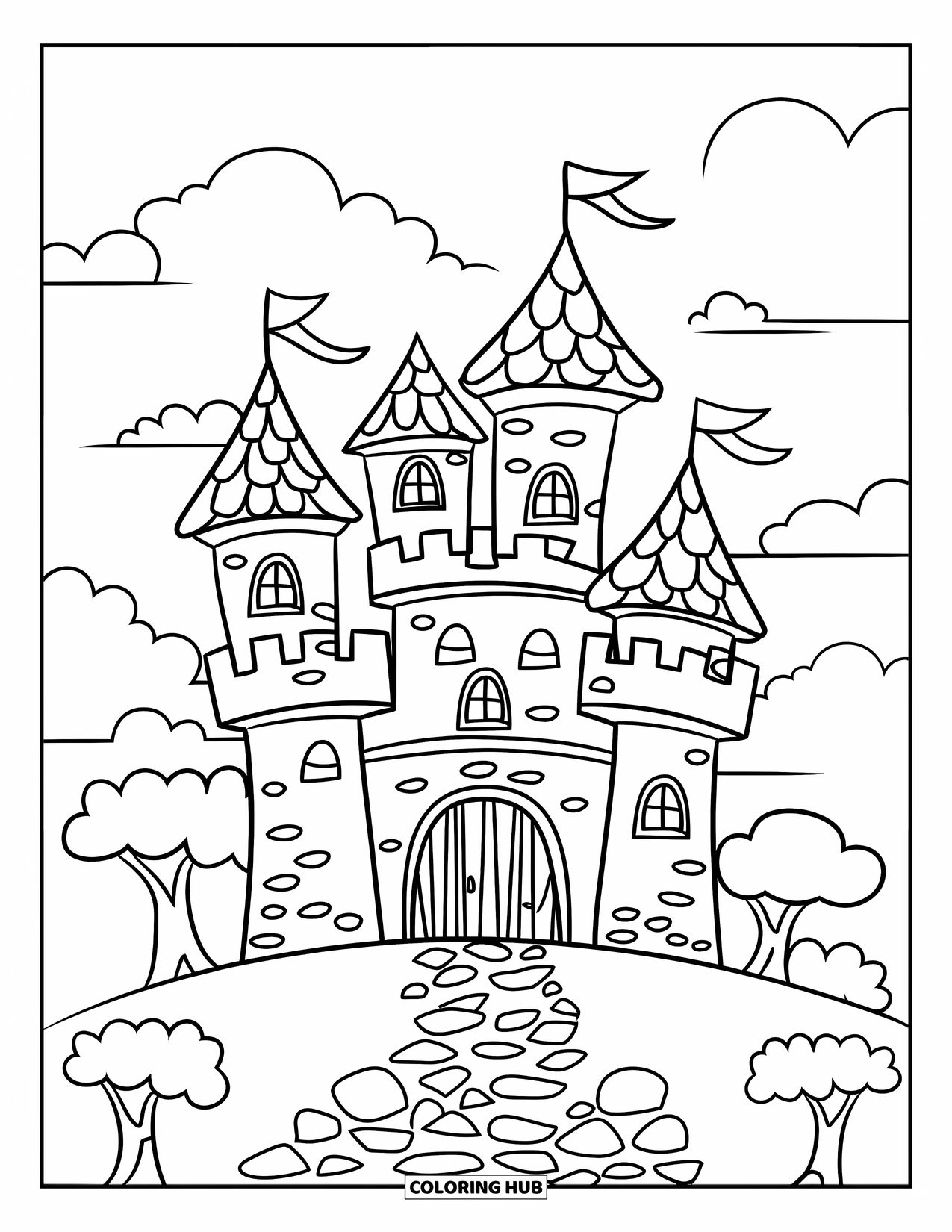 Kasteel Kleurplaat voor Kinderen: Een klein kasteel op een heuveltop met bomen en een stenen pad heeft een gezellige, vrolijke sfeer