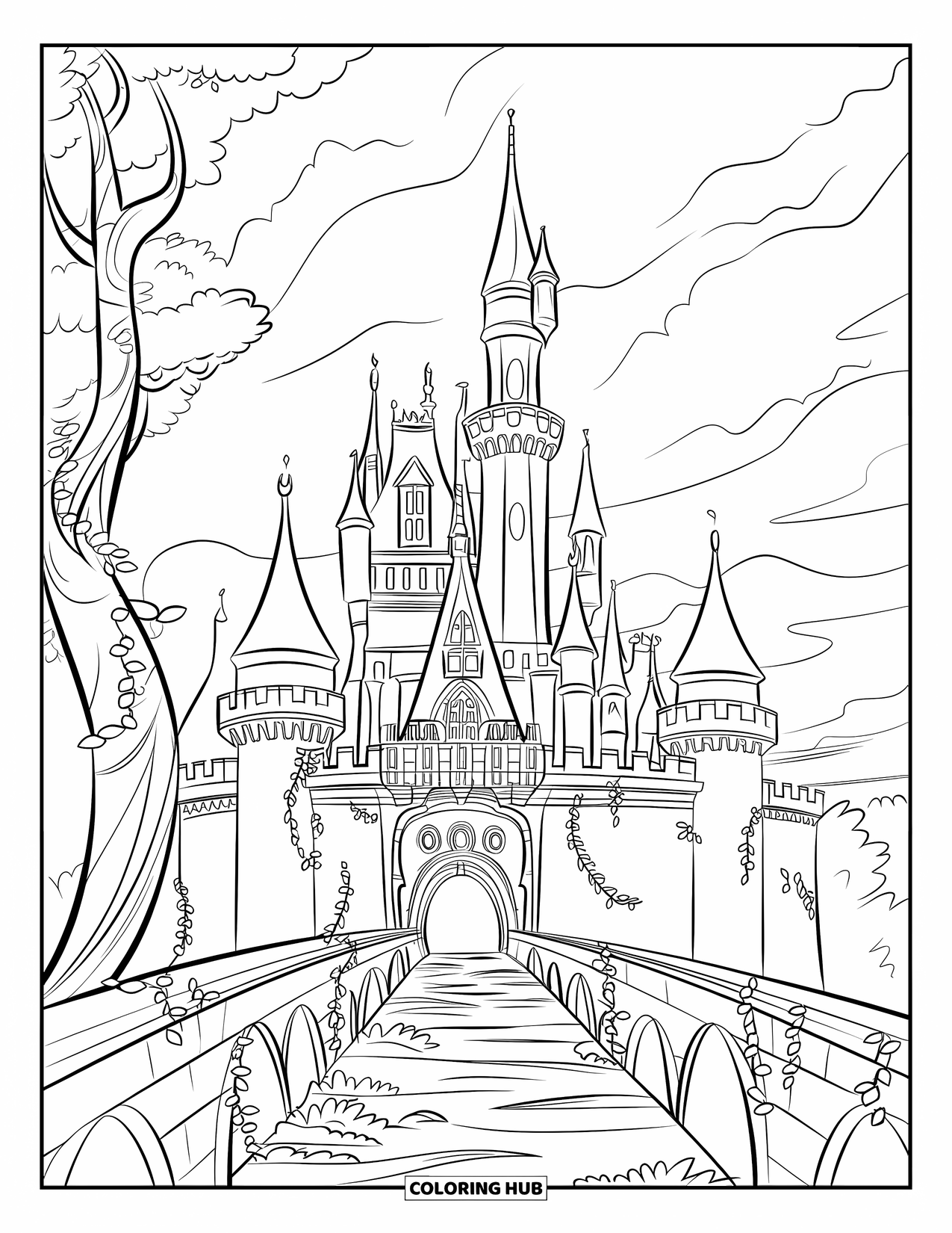 Kasteel Kleurplaat voor Kinderen: Een spookachtig kasteel met met klimop begroeide torens staat aan de overkant van een versleten stenen brug