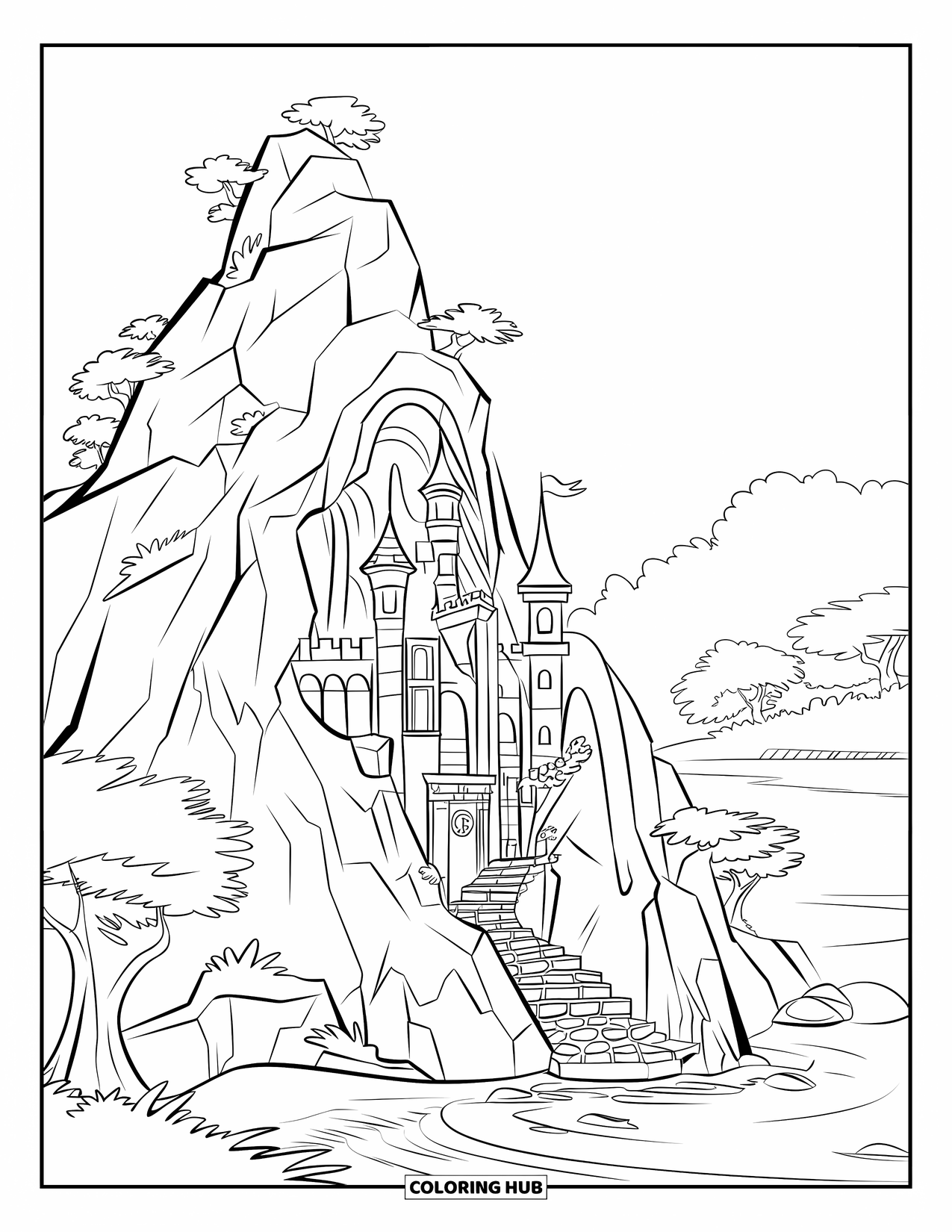 Kasteel Kleurplaat voor Kinderen: Een stenen kasteel met veel torens klampt zich vast aan een klif naast een waterval