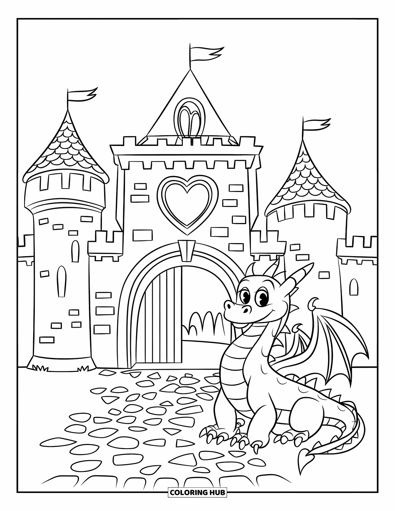 Kasteel Kleurplaat voor Kinderen: Een stenen kasteel met torens en een hartvormig raam staat naast een vriendelijke draak