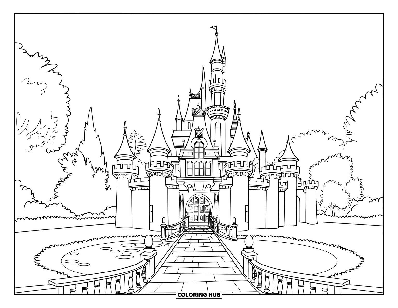 Kasteel Kleurplaat voor Kinderen: Een hoog kasteel met een vijver aan de voorkant en bloemen langs het pad ziet er uitnodigend uit