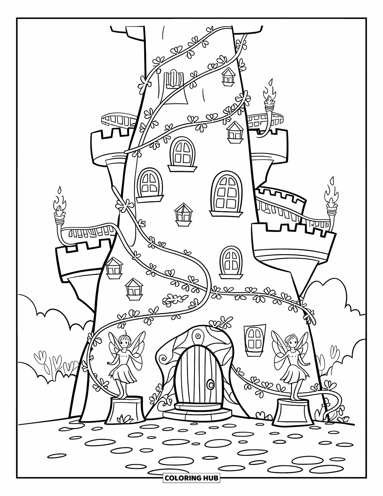 Kasteel Kleurplaat voor Kinderen: Een hoog kasteel met wijnranken en feeënbeeldjes staat trots op een stenen pad