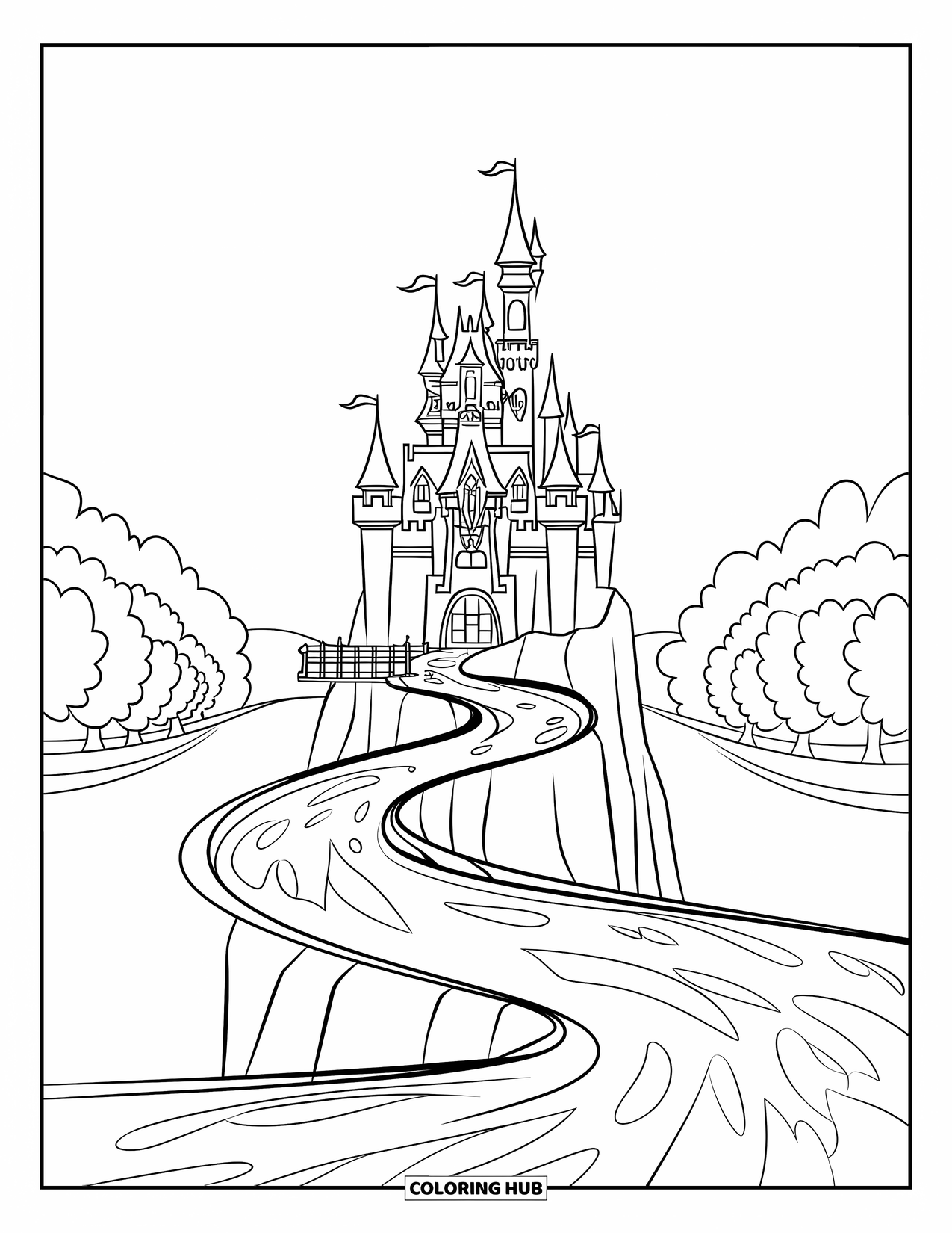 Kasteel Kleurplaat voor Kinderen: Een hoge rots draagt een kasteel omringd door een kronkelende rivier en een vredig landschap