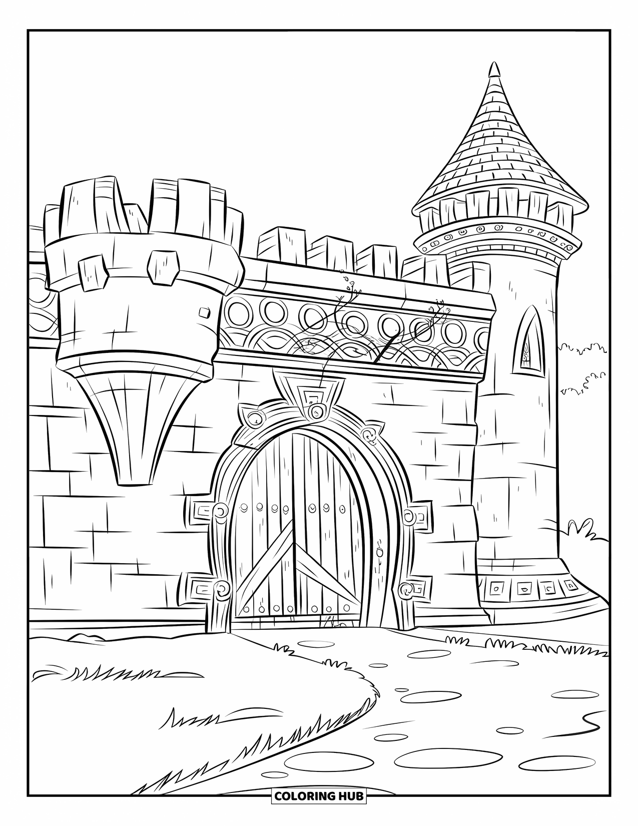 Kasteel Kleurplaat voor Kinderen: Een torenhoog fort staat met houten poorten en een verborgen deur in de steen
