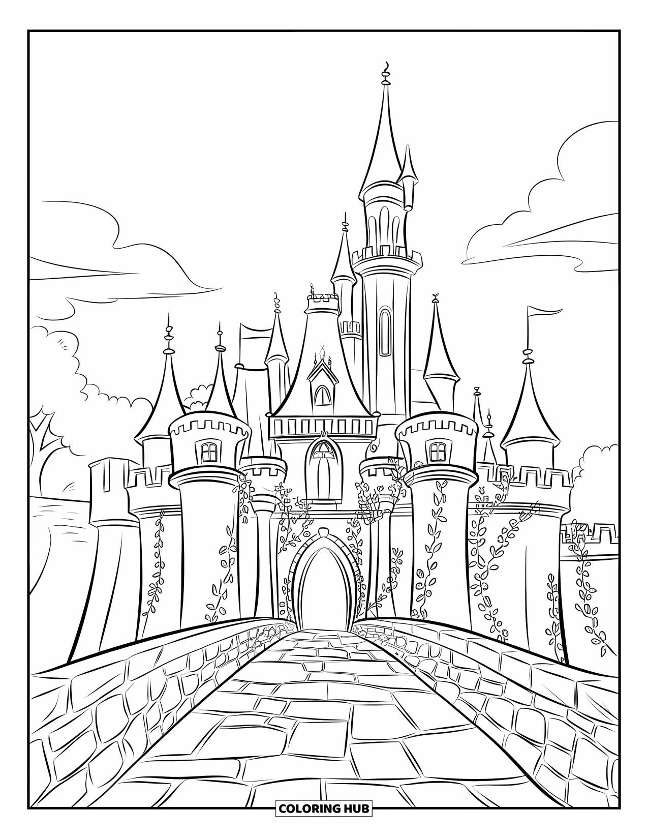 Kasteel Kleurplaat voor Kinderen: Een torenhoog gotisch kasteel, omwikkeld met klimop, wacht aan het einde van een stenen brug
