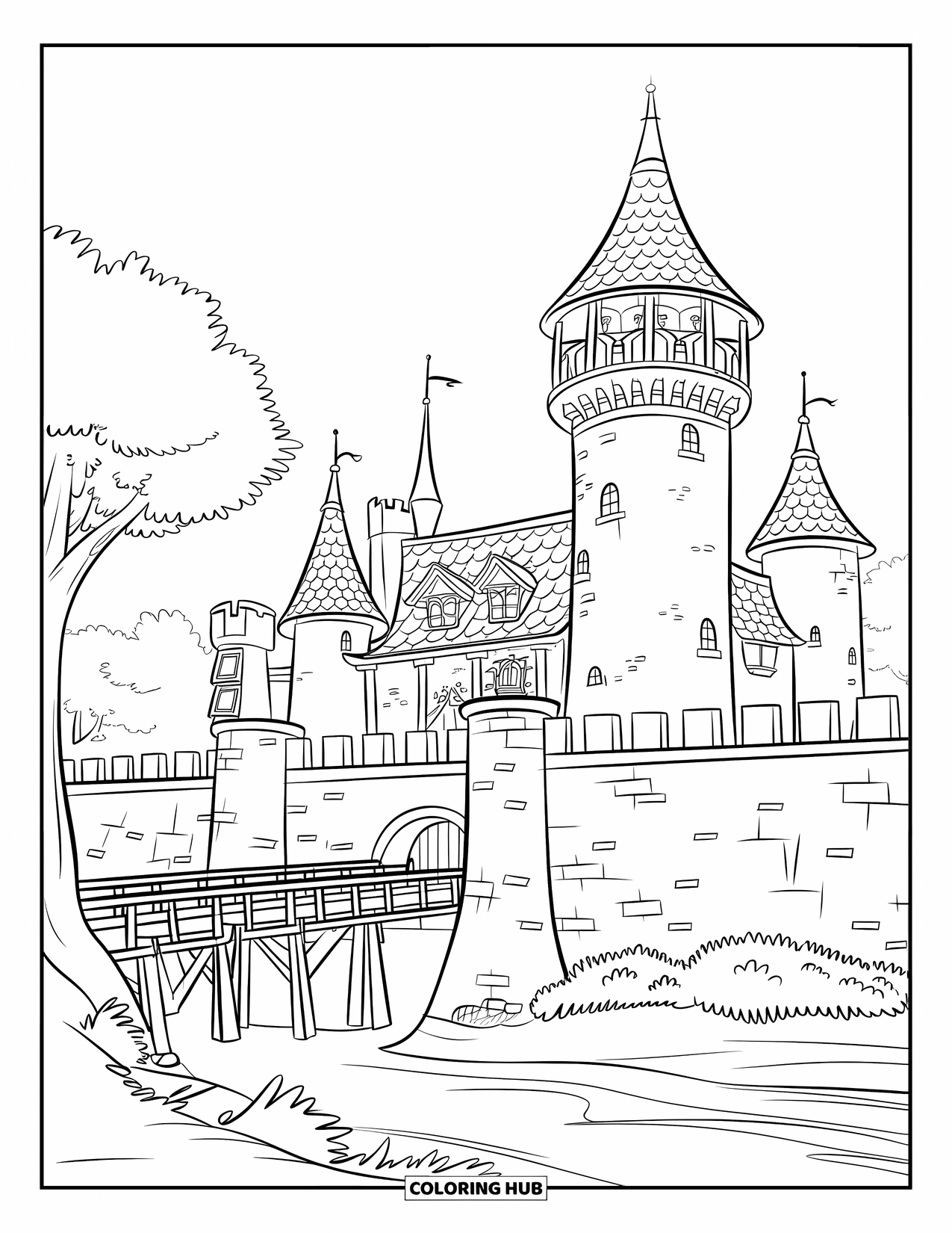 Kasteel Kleurplaat voor Kinderen: Een uitkijktorenkasteel verrijst in de buurt van een rivier, bomen en een vredige lucht