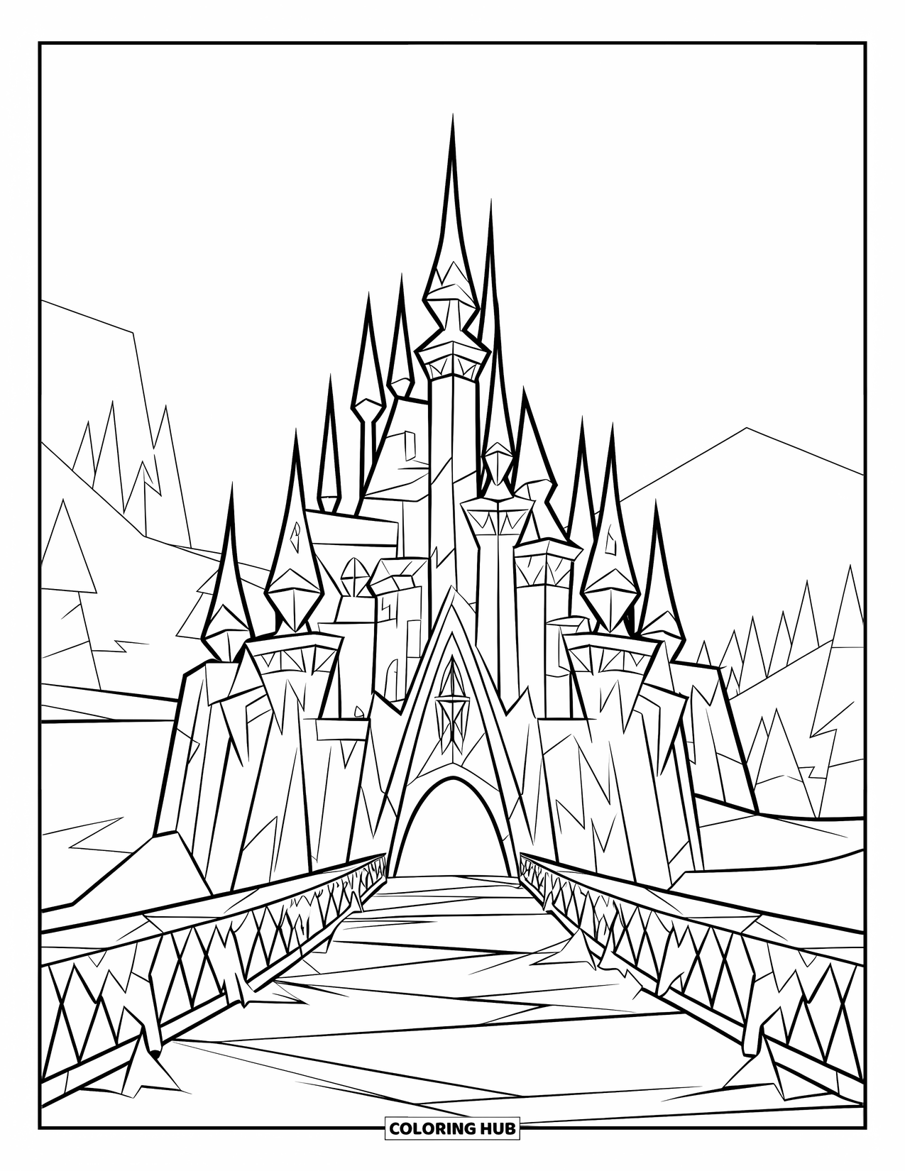 Kasteel Kleurplaat voor Kinderen: Een ijzig kasteel met scherpe torens en een besneeuwde brug rust in een bevroren land