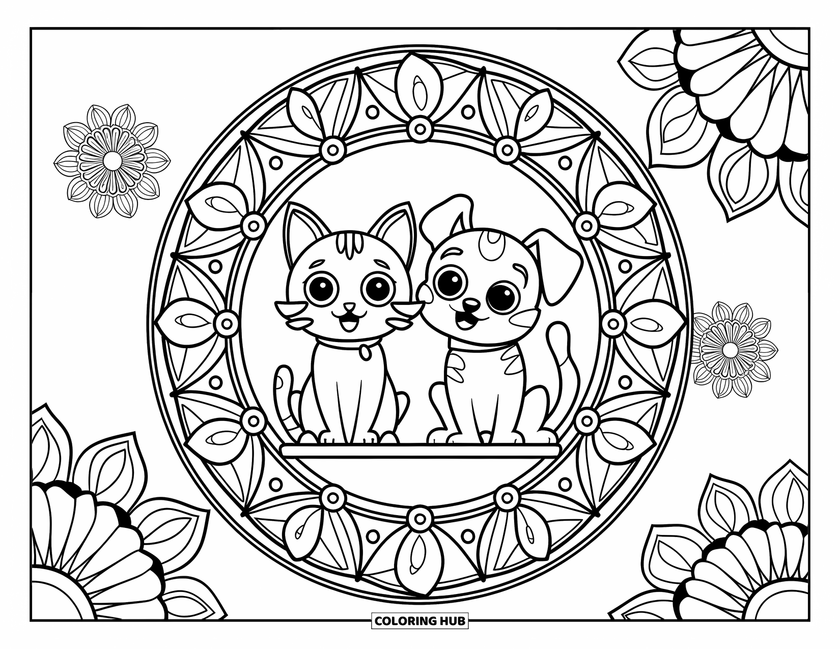 Katten- en hondenkleurplaat voor volwassenen: Een rustig moment terwijl de kat en hond in een bloemenmandala zitten