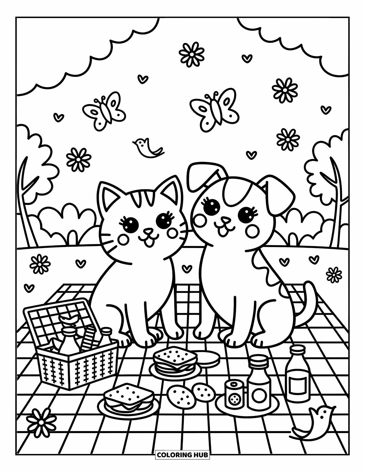 Kleurplaat Kat en Hond Kleurplaat voor Volwassenen: Een vrolijke picknickscène met drijvende bloemen en vrolijke kleine snacks