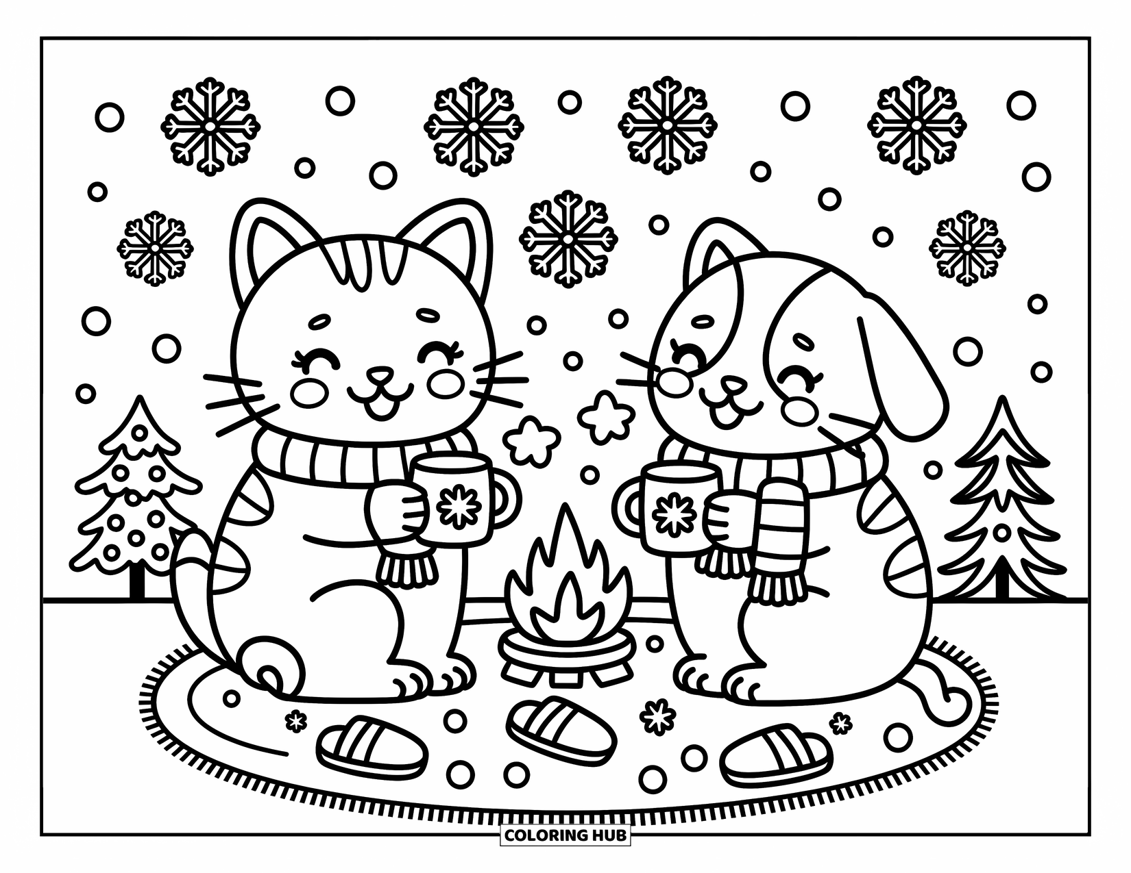 Kleurplaat Kat en Hond Kleurplaat voor Volwassenen: Een gezellige winterscène met mokken, sjaals en pluizige vriendschap