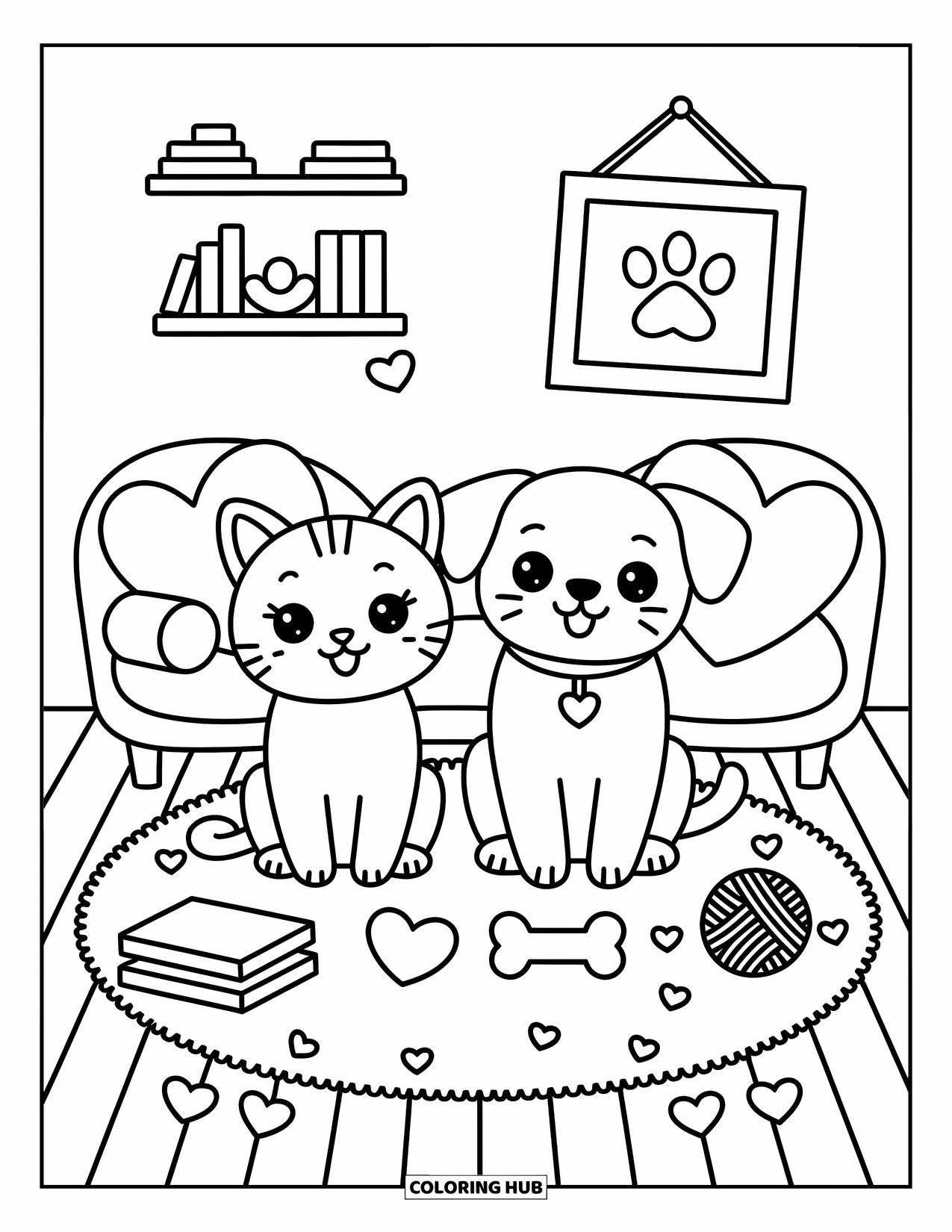Katten- en hondenkleurplaat voor volwassenen: Een vredige woonkamer vol zachte kussens en knuffels van beste vrienden