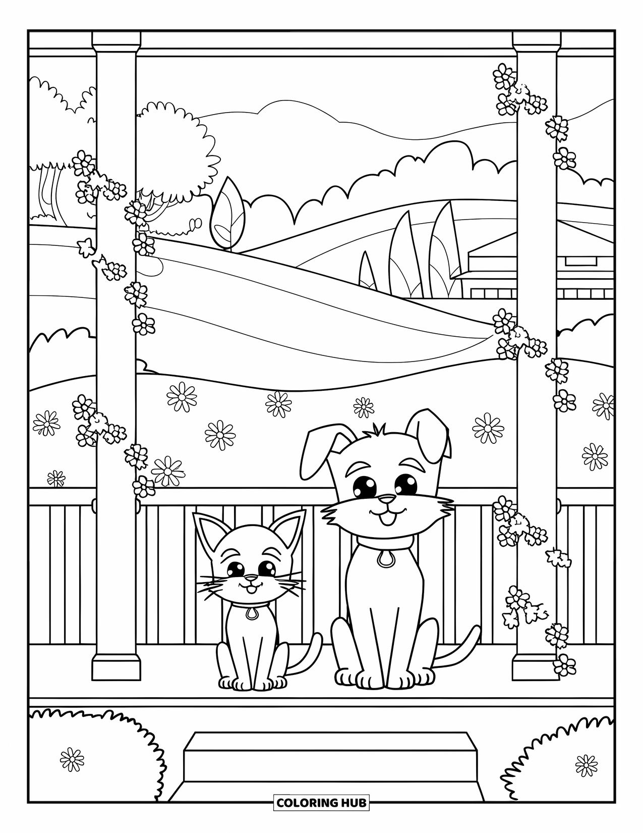 Katten- en hondenkleurplaat voor volwassenen: Een vredig uitzicht op de veranda met harige vrienden en zacht groen