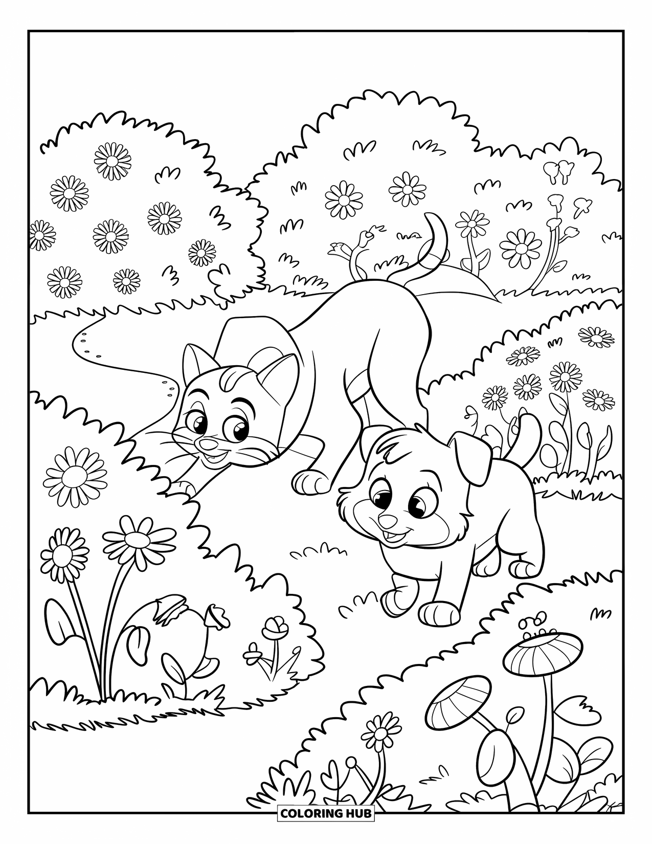 Katten- en hondenkleurplaat voor volwassenen: Een vredige wandeling door een bloeiende tuin voor de kat en hond