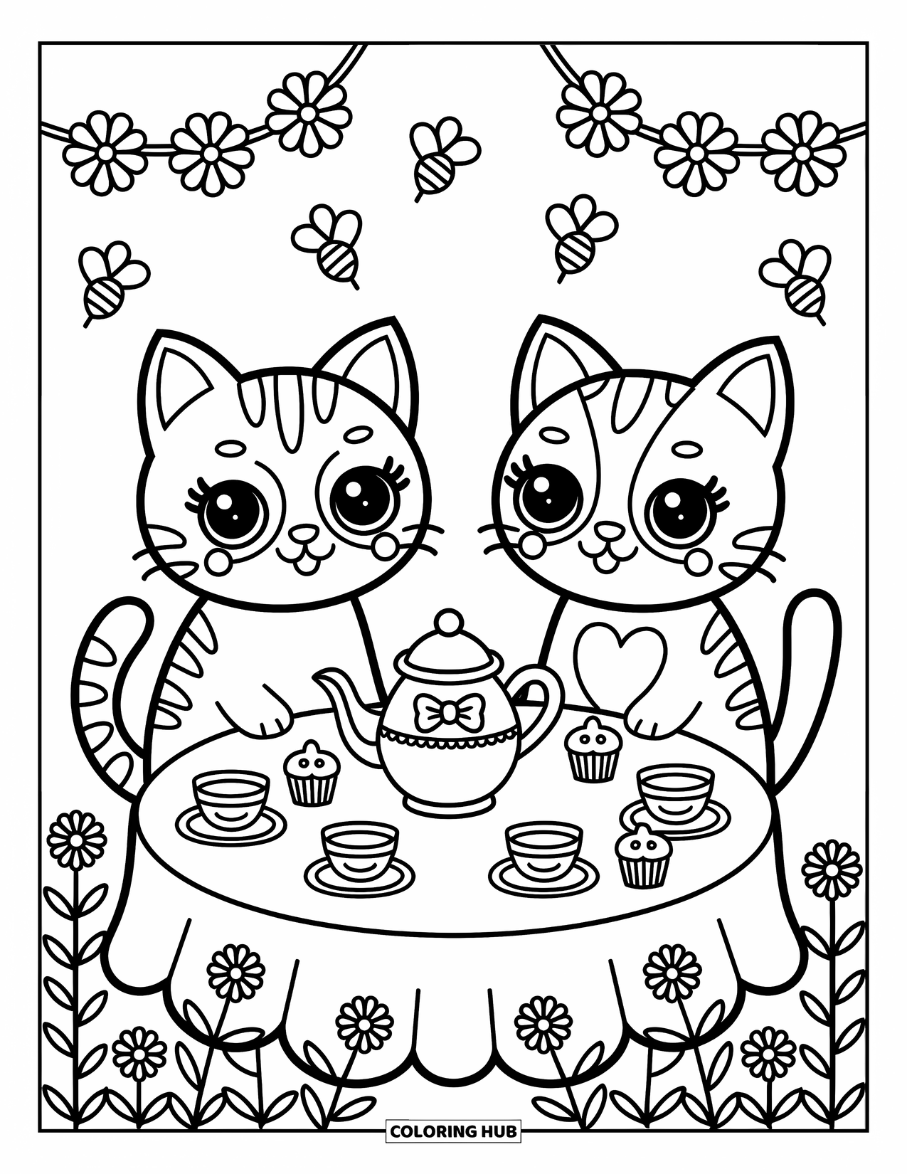 Katten- en hondenkleurplaat voor volwassenen: Een speels tuintheekransje met bloemen, bijen en vrolijke huisdieren