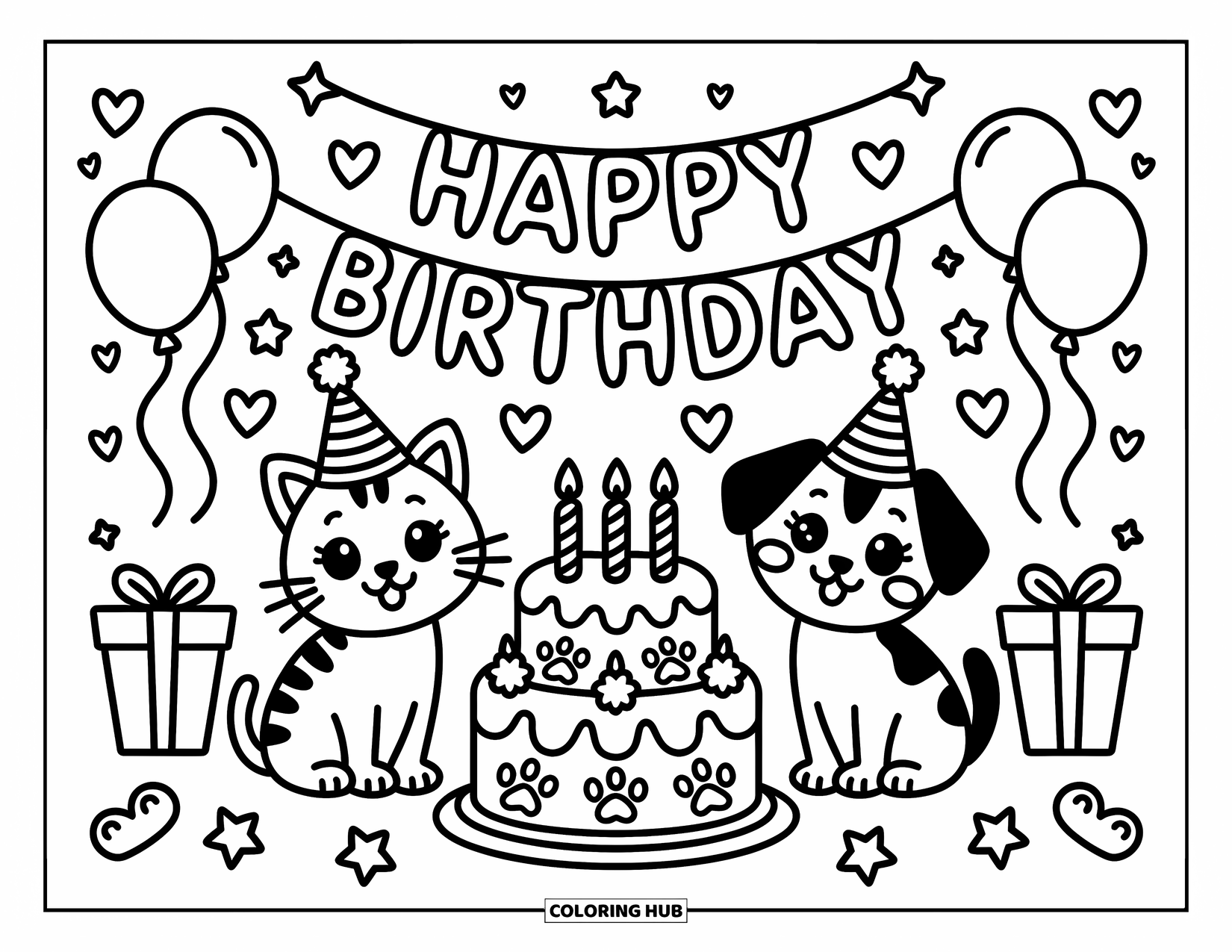 Kleurplaat Kat en Hond Kleurplaat voor Volwassenen: Een lief verjaardagsmoment met taart, slingers en lachende harige vrienden