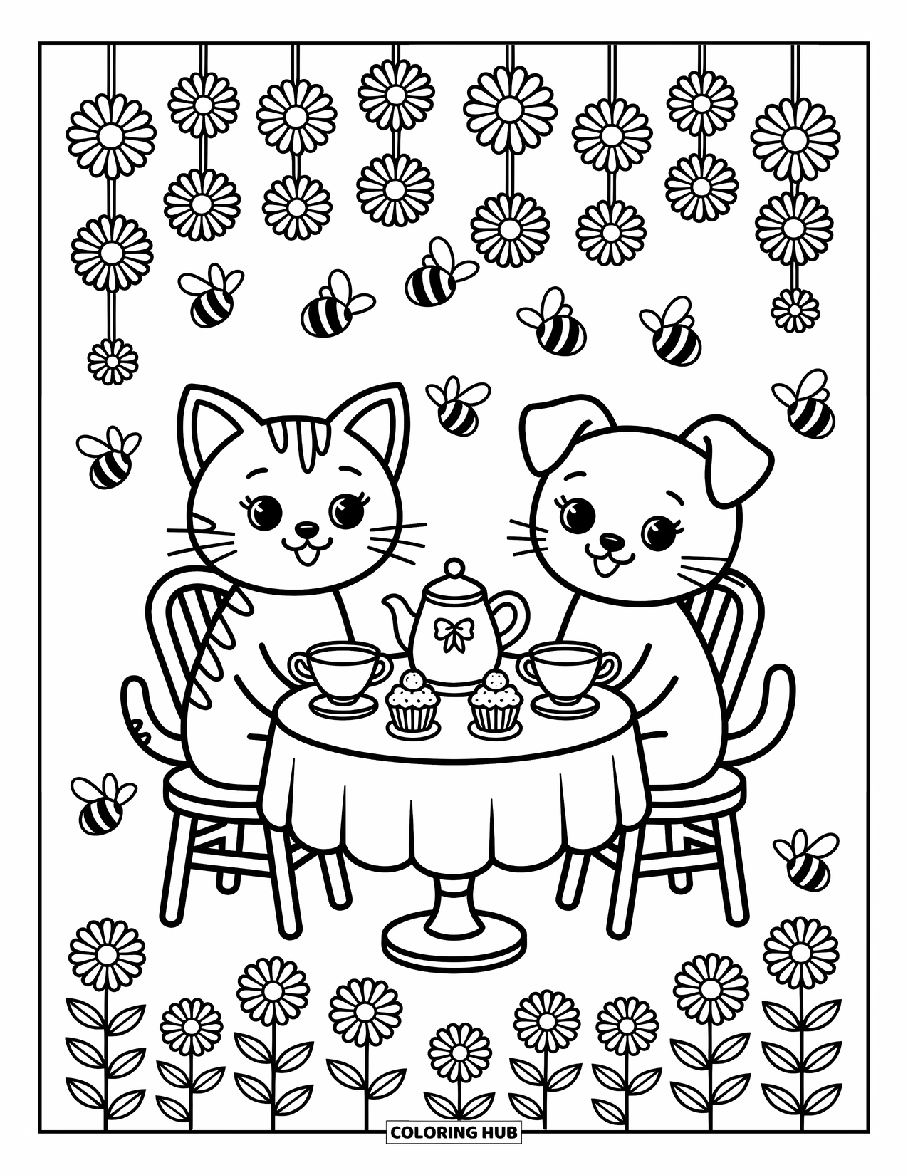 Kleurplaat Kat en Hond Kleurplaat voor Volwassenen: Een theekransje in de tuin met cupcakes en bloemenslingers