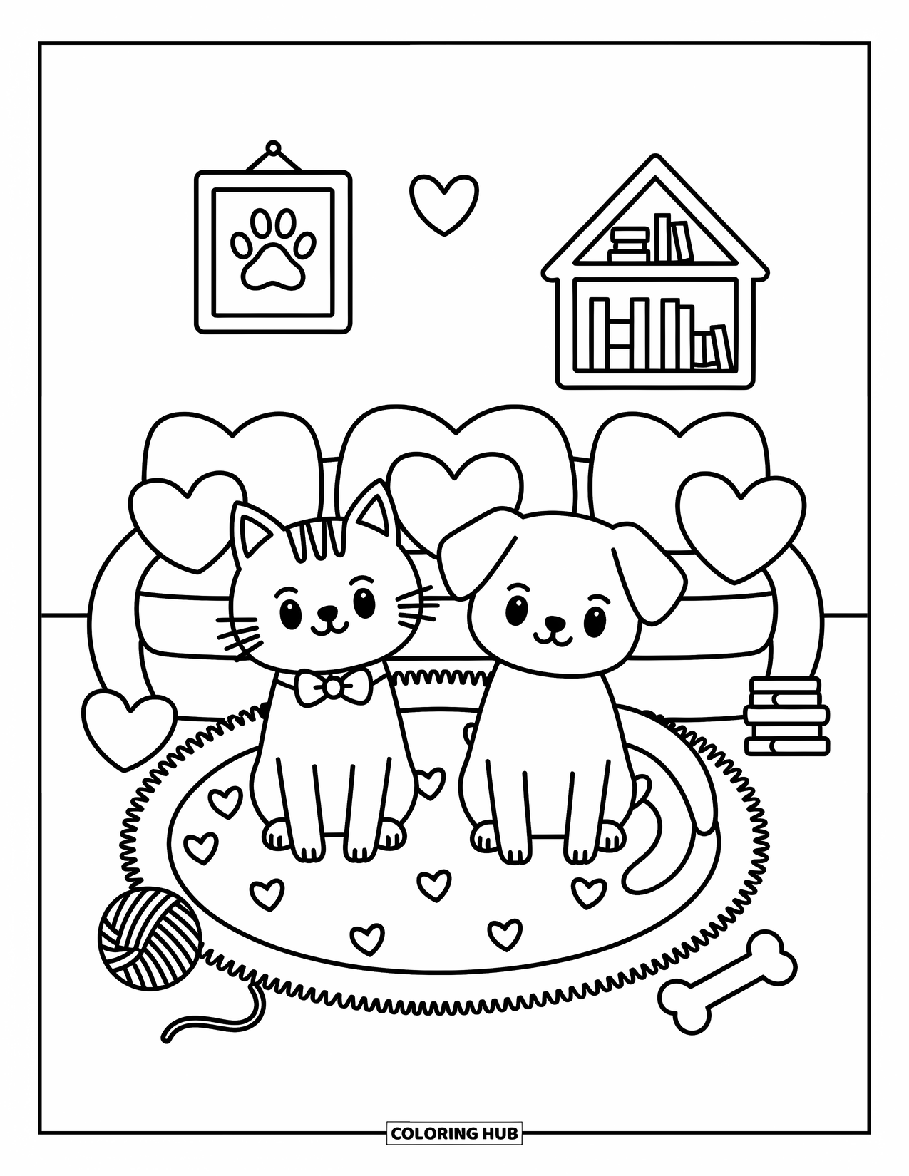 Kleurplaat Kat en Hond Kleurplaat voor Volwassenen: Boeken, garen en gezellige sferen met een kat en hond in de woonkamer