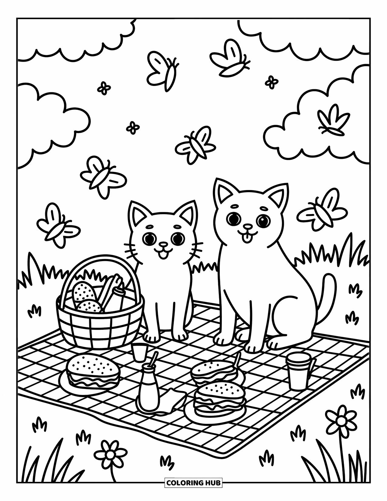 Katten- en hondenkleurplaat voor volwassenen: Vlinders fladderen terwijl de kat en hond snoepjes delen in het park