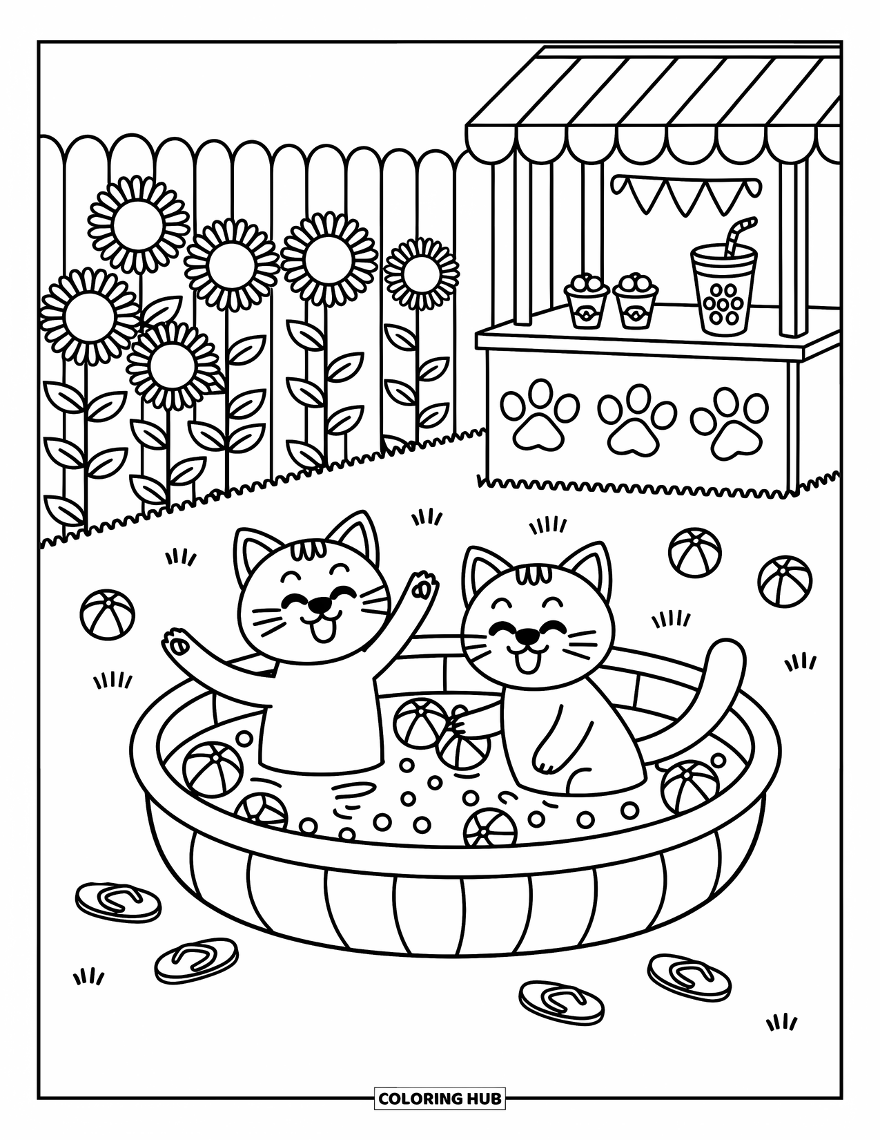 Kleurplaat Kat en Hond Kleurplaat voor Volwassenen: Slippers, limonade en grote plonzen met blije harige vrienden