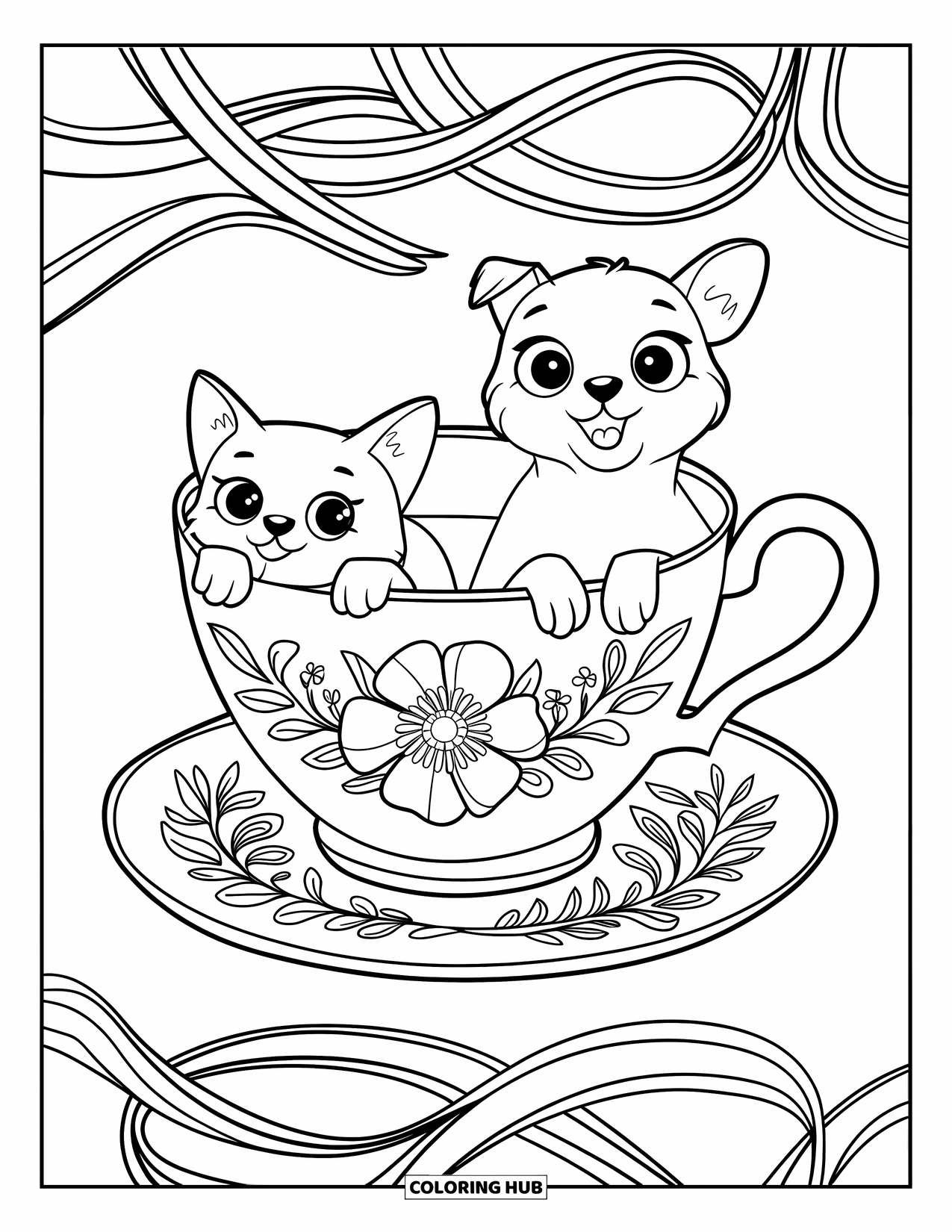 Katten- en hondenkleurplaat voor volwassenen: Bloempatronen omringen een theekopjesknuffel tussen een kat en hond