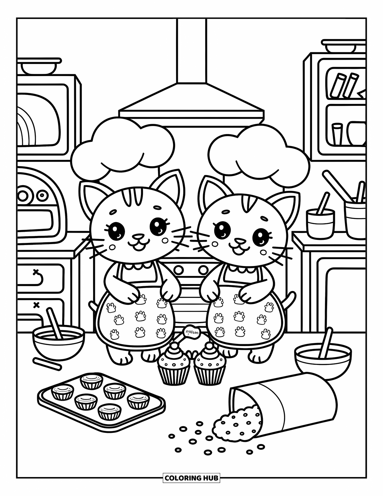 Kleurplaat Kat en Hond Kleurplaat voor Volwassenen: Er vliegt bloem rond terwijl de kat en hond zij aan zij lekkernijen bakken