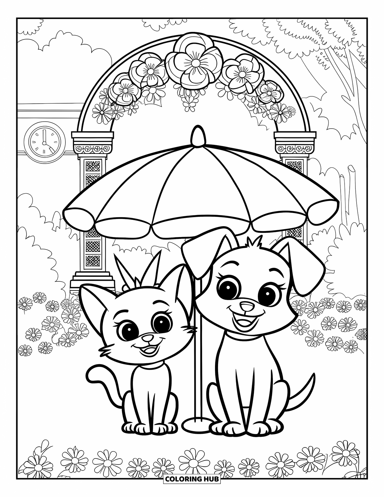 Katten- en hondenkleurplaat voor volwassenen: Tuinbloemen en zachte schaduw omringen de kat en hond