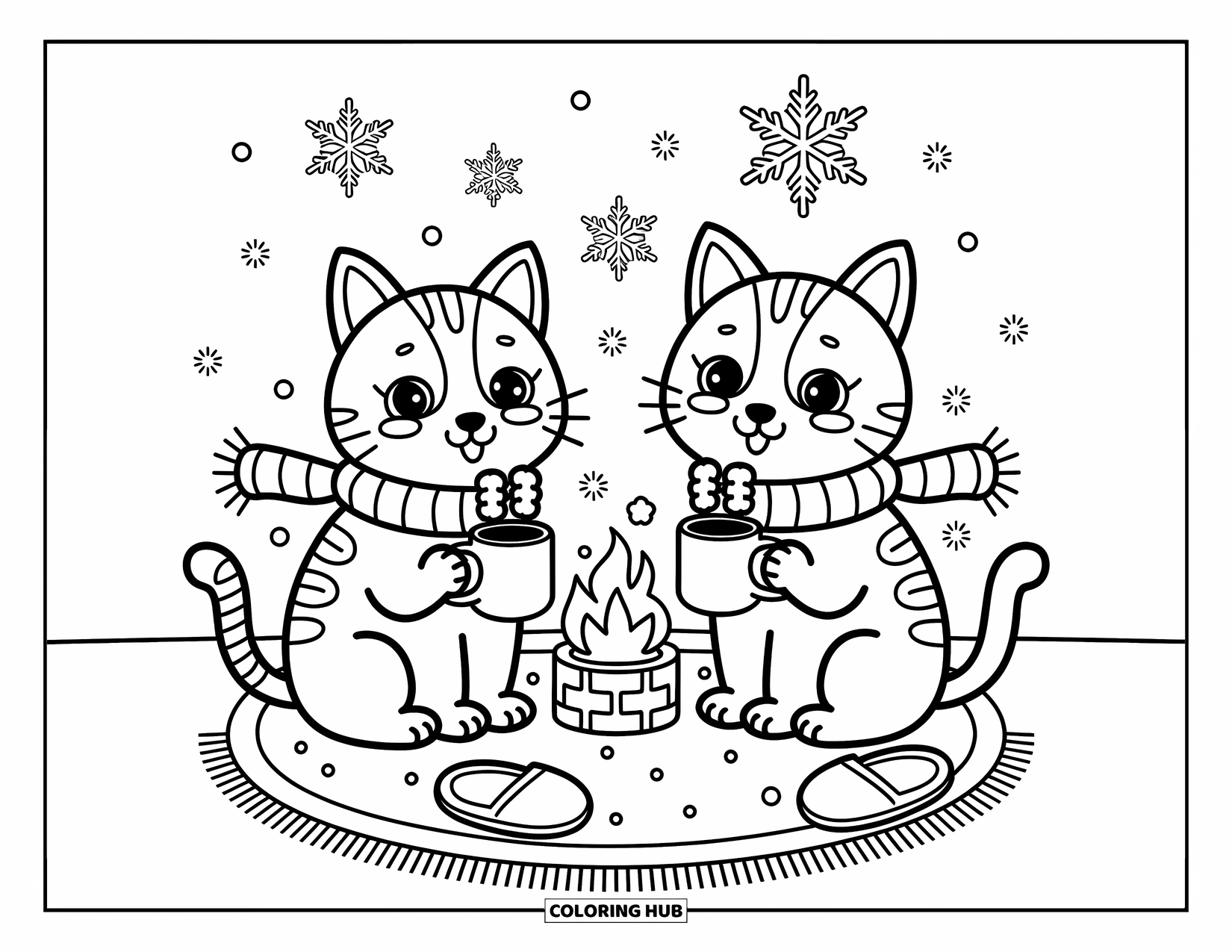 Kleurplaat Kat en Hond Kleurplaat voor Volwassenen: Warme drankjes en winterse gezelligheid met een kat, een hond en fonkelende decoratie