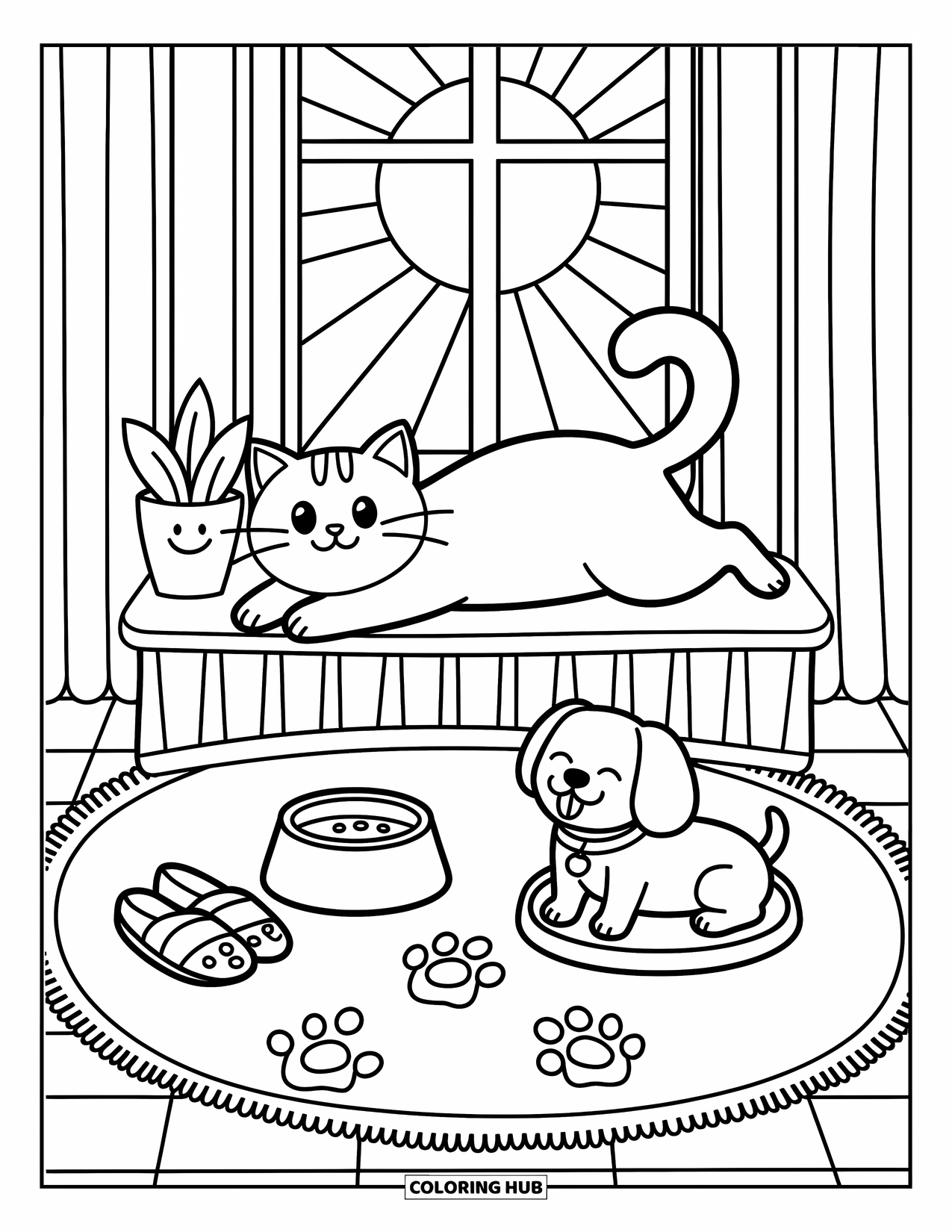 Kleurplaat Kat en Hond Kleurplaat voor Volwassenen: Ochtendlicht, zachte kleden en zachte stretches voor de kat en hond
